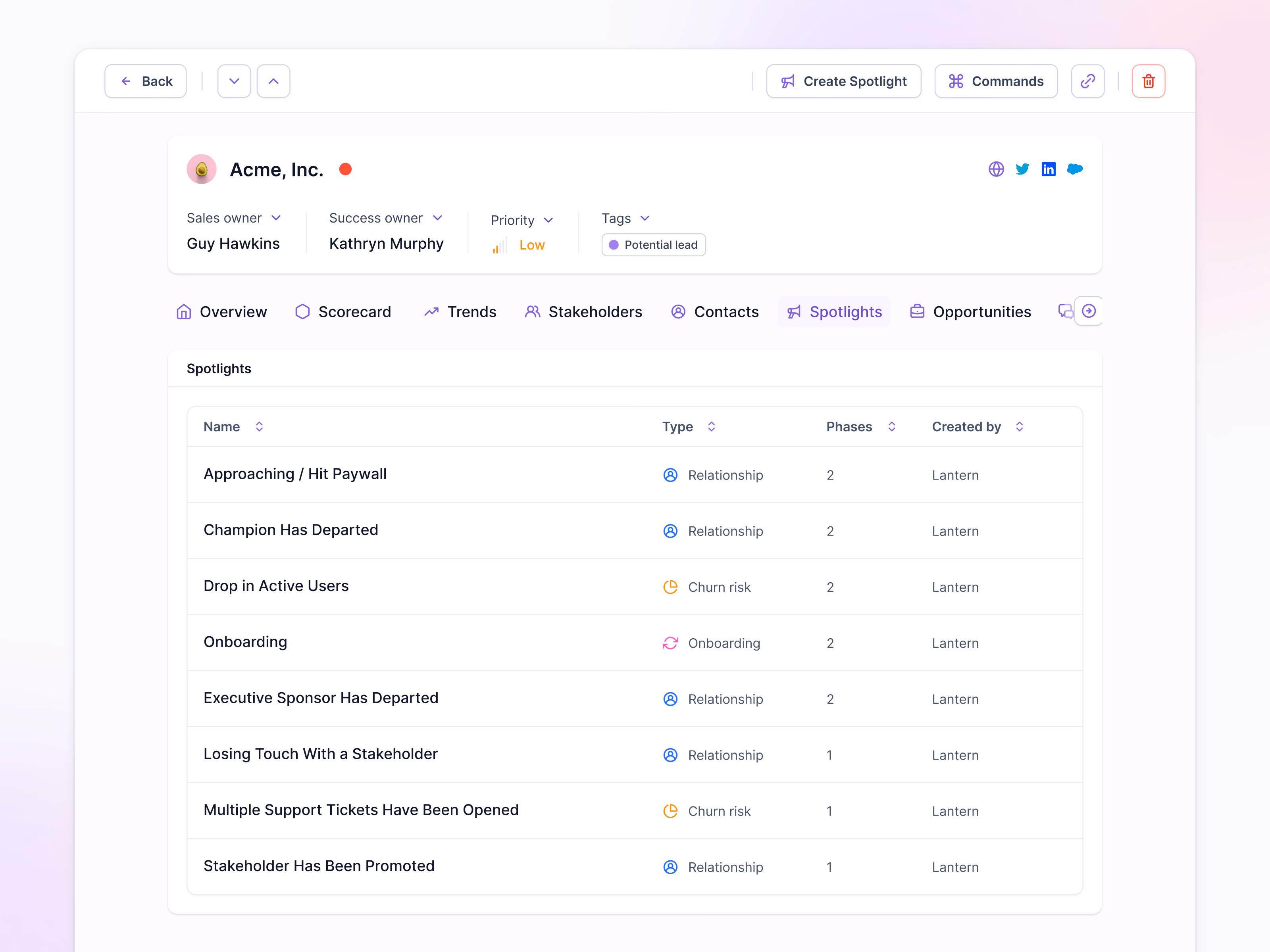 Account spotlights table in Lantern's AI CRM
