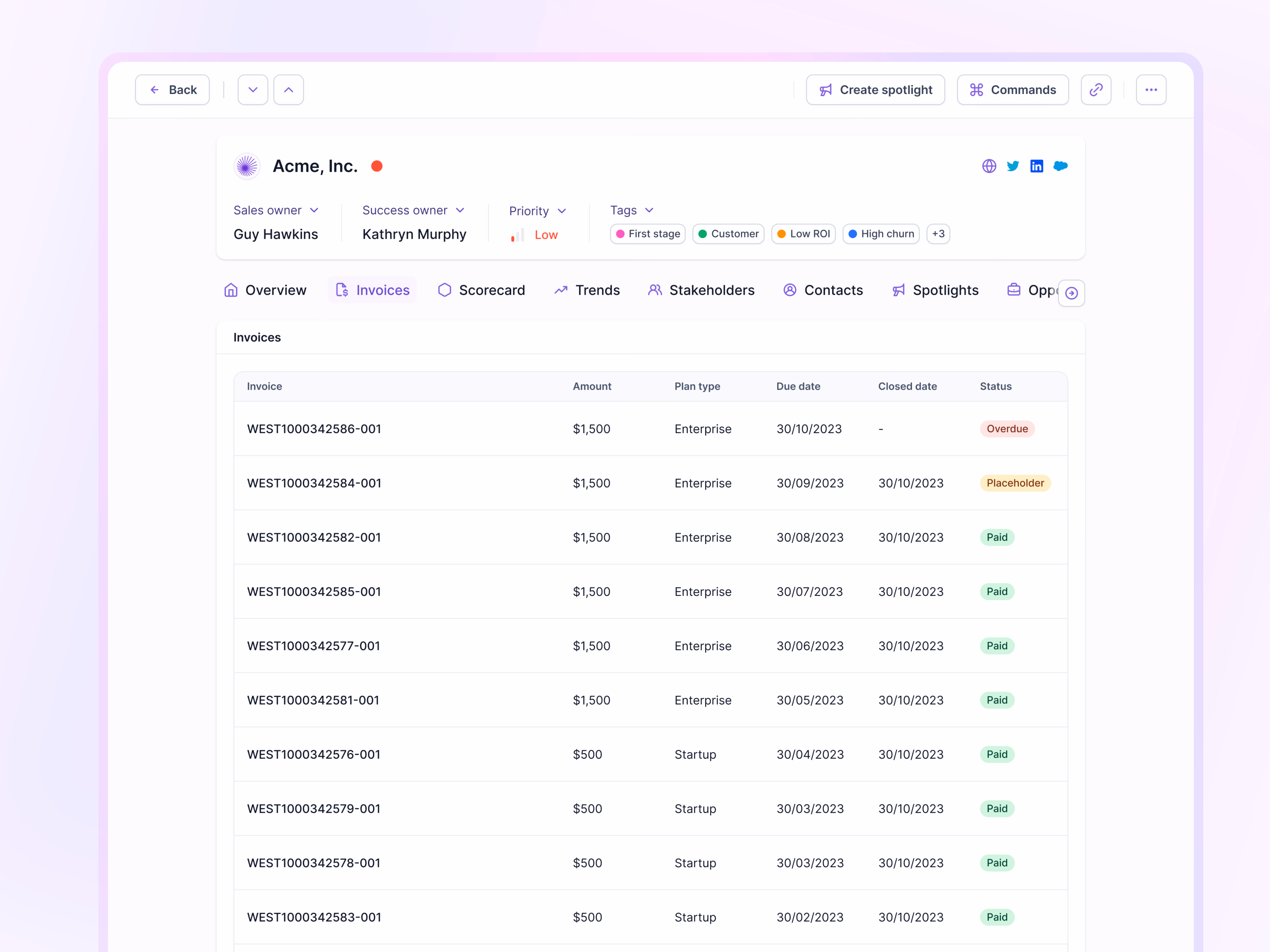 Account invoices tab in Lantern's AI CRM