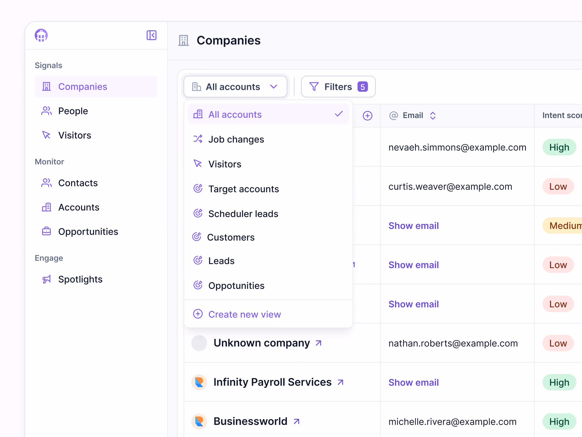Companies table saved views draft for Lantern's AI CRM