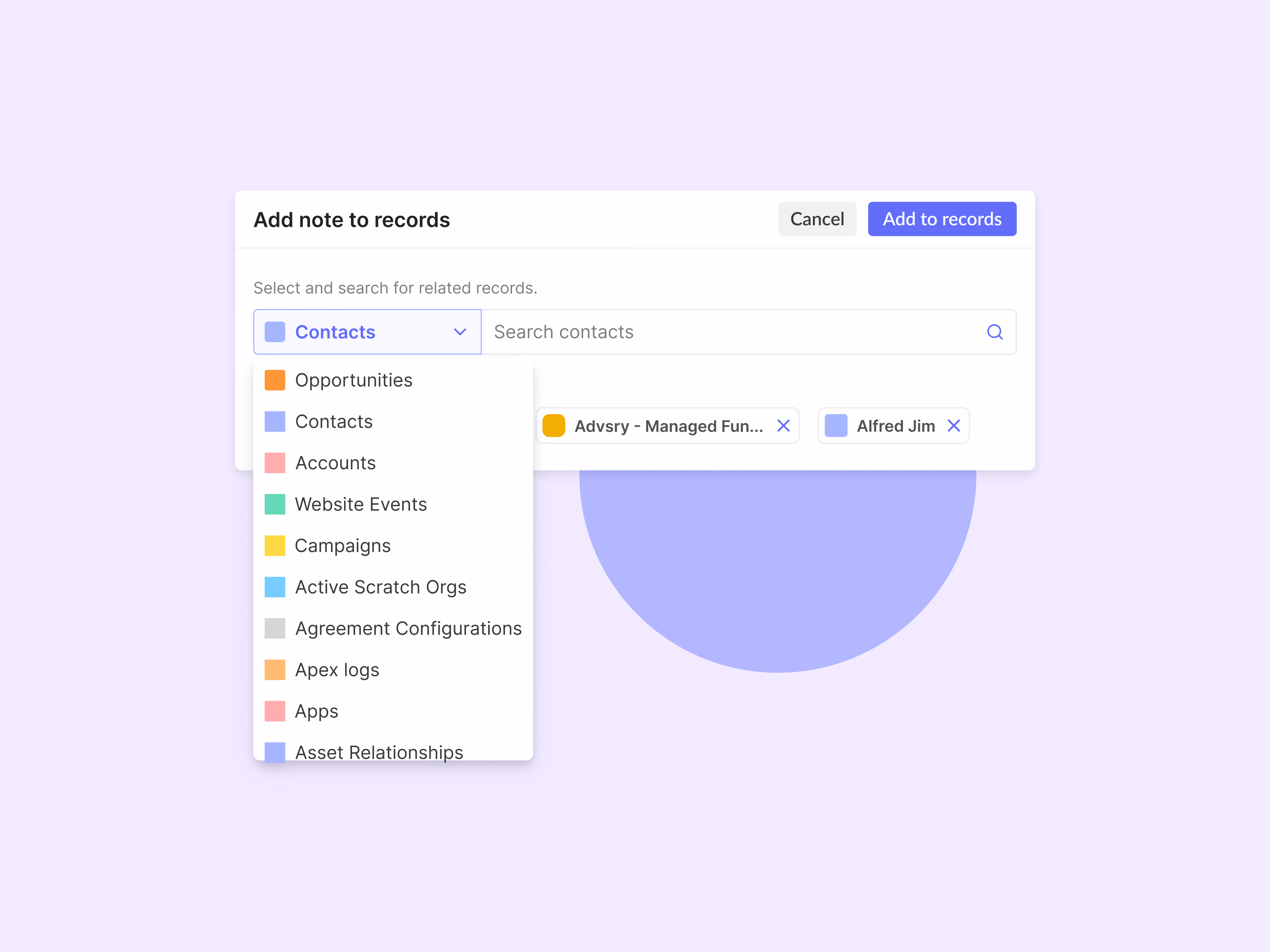 Record type menu for attaching notes to Salesforce records