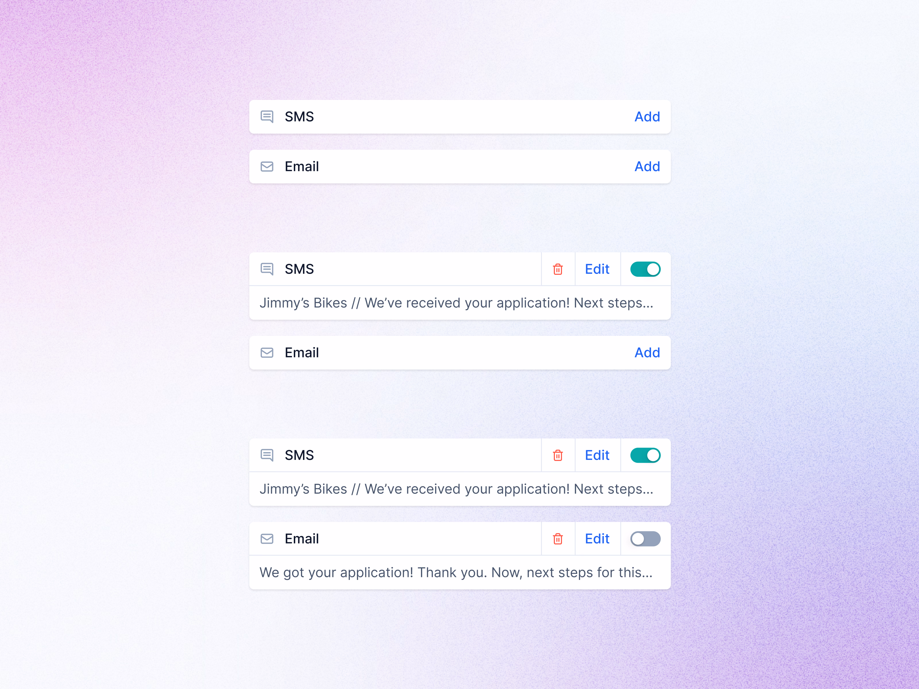 SMS and email step states in Teero message sequences