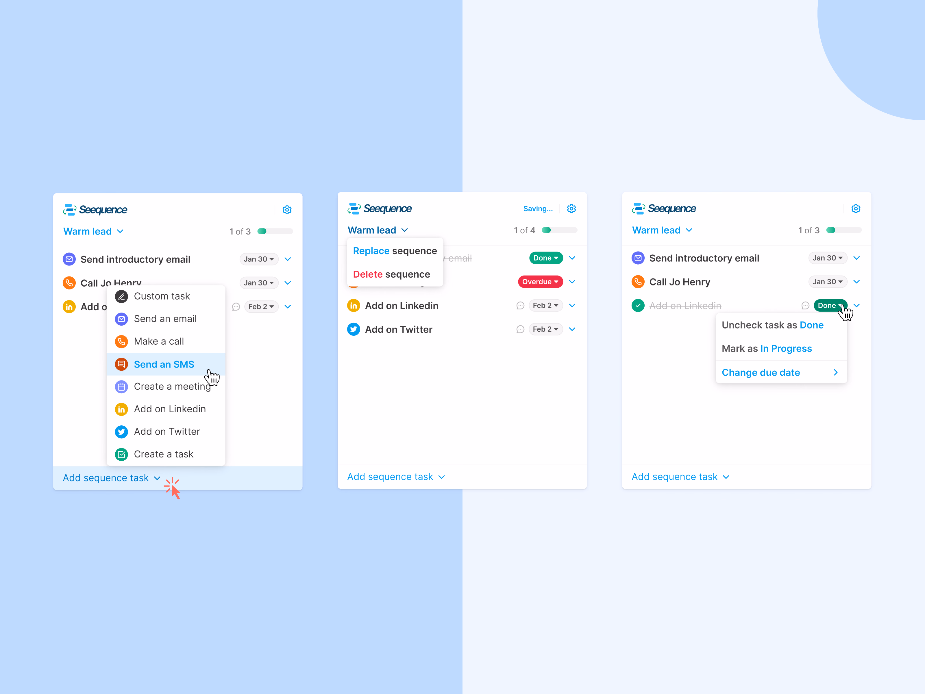 Sales sequence task panel for Seequence