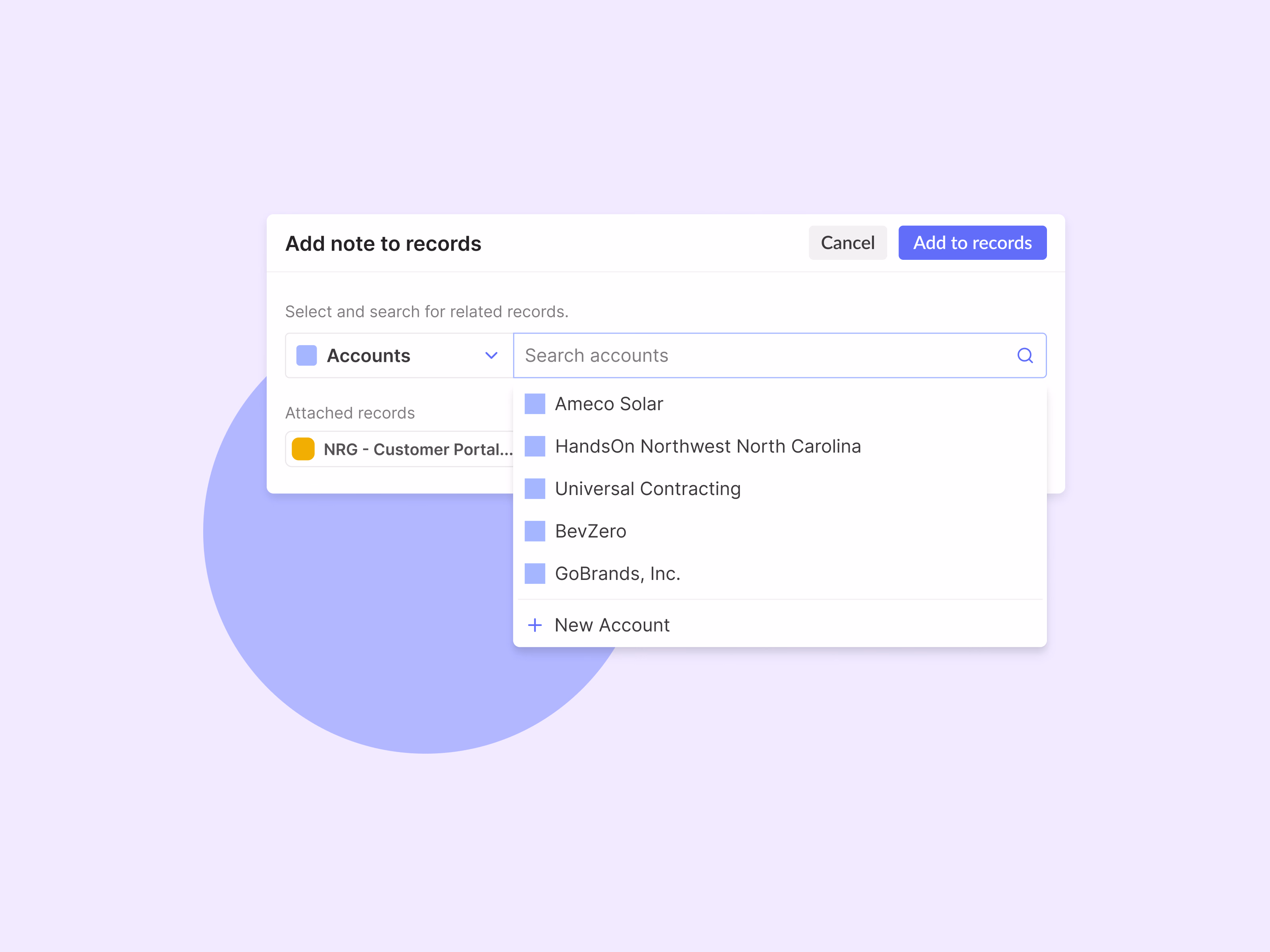 Record search modal for attaching a note to accounts