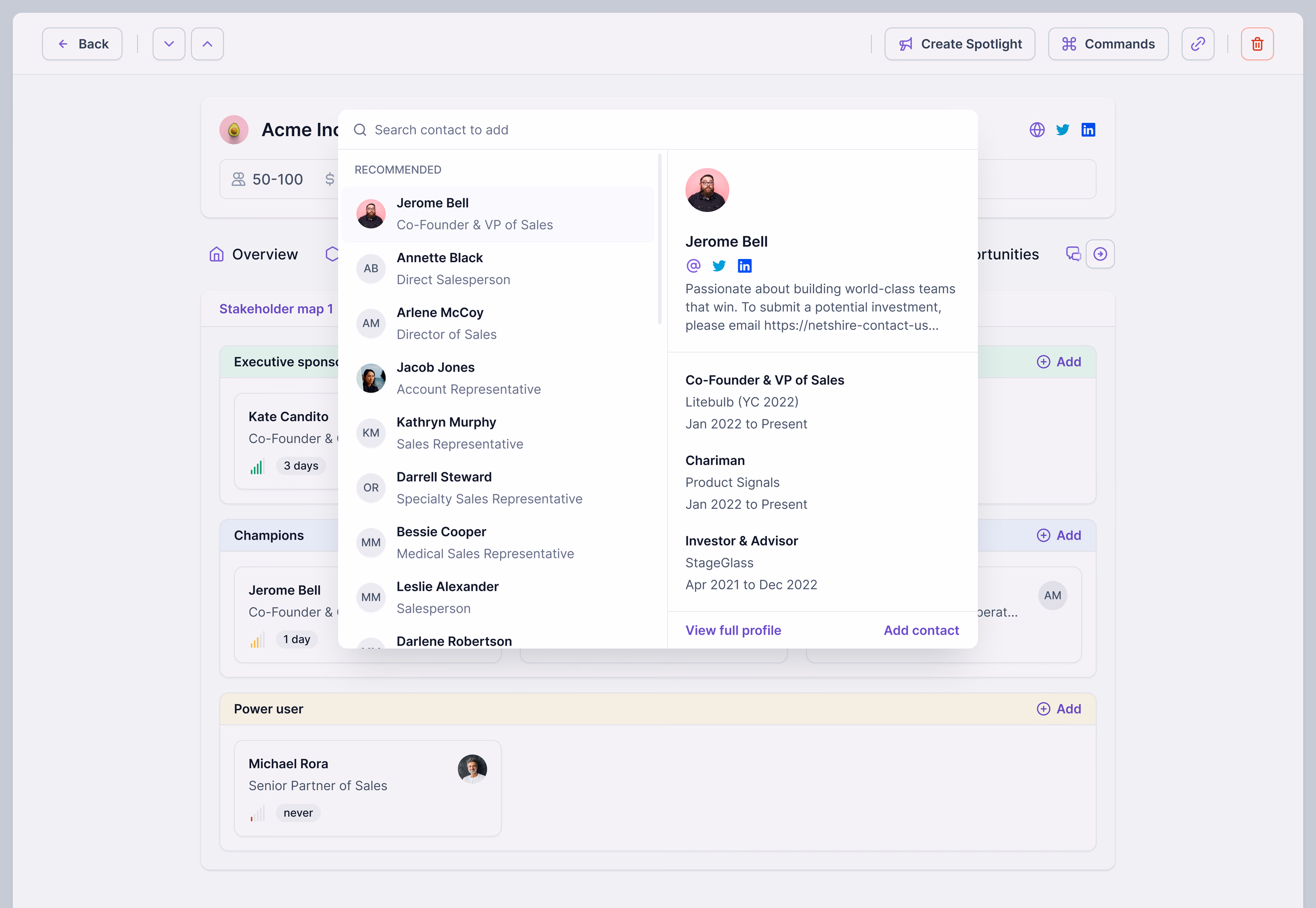 Stakeholder map contact preview with bio in Lantern