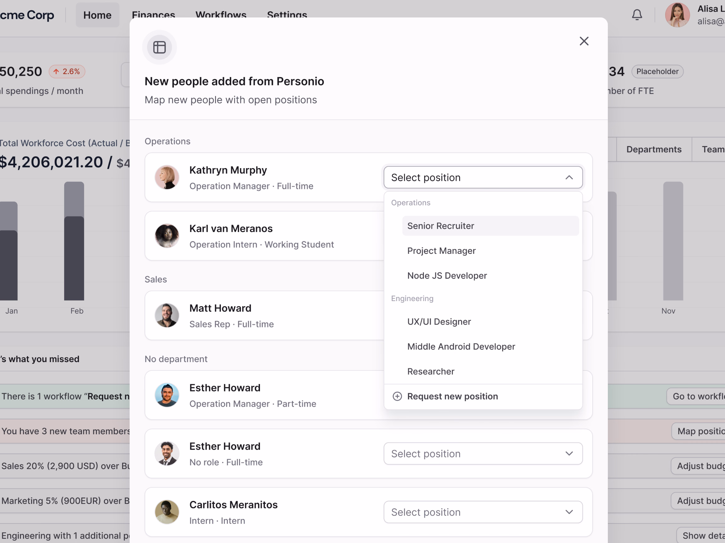 Assign new hires from Personio to open positions in Horus