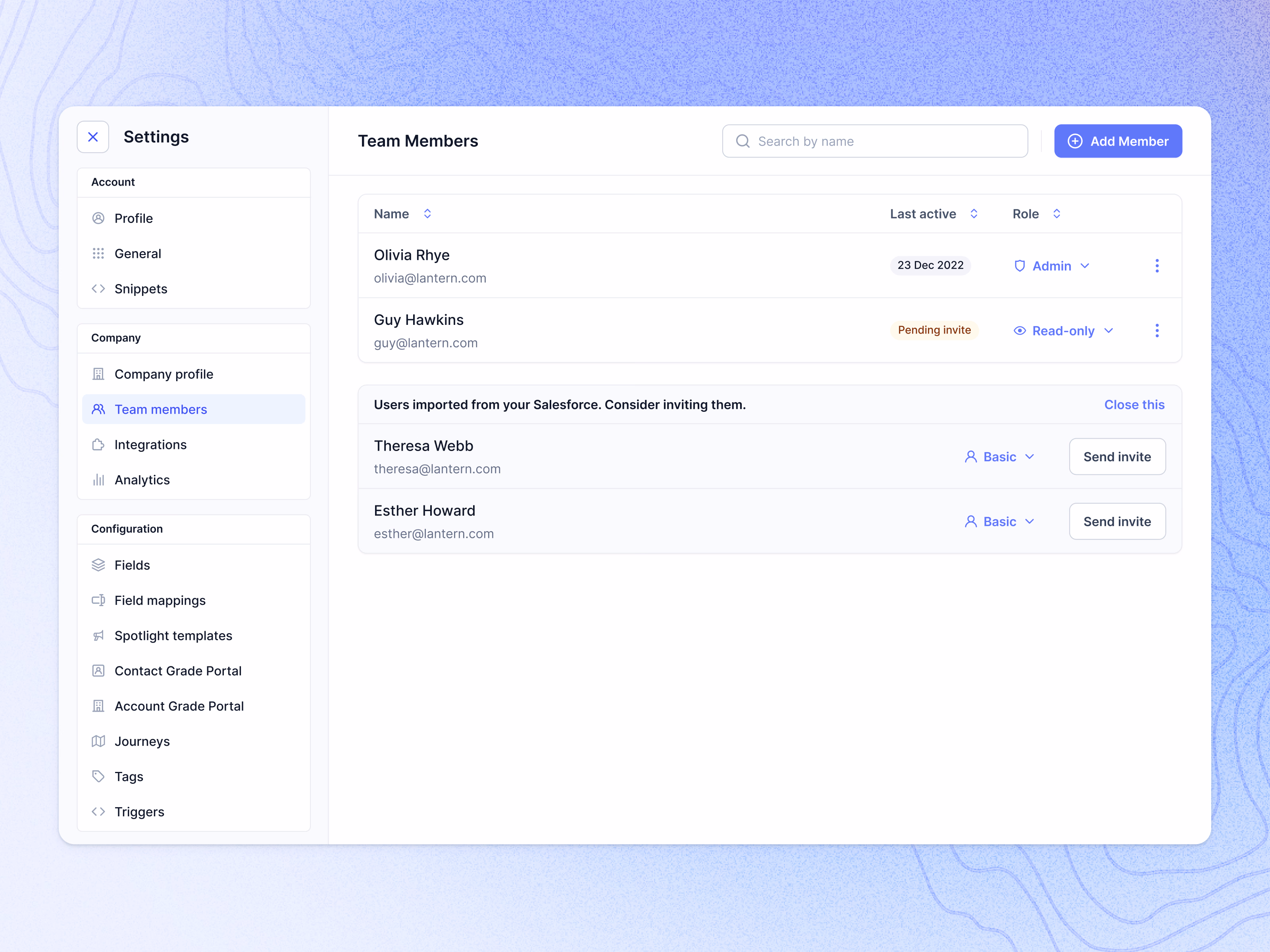 Team settings and member invites in Lantern's AI CRM