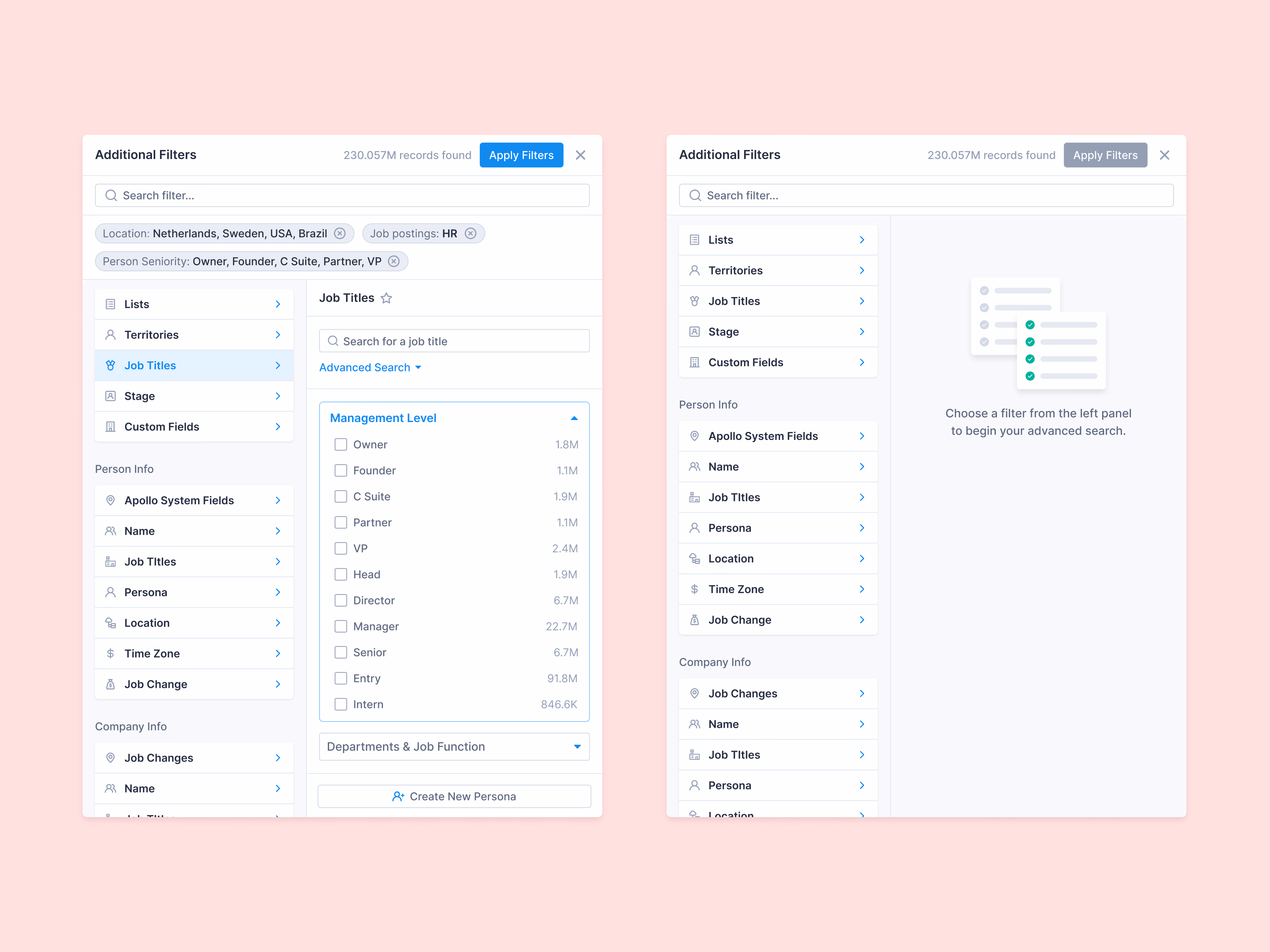 Advanced people and company search filters for Apollo