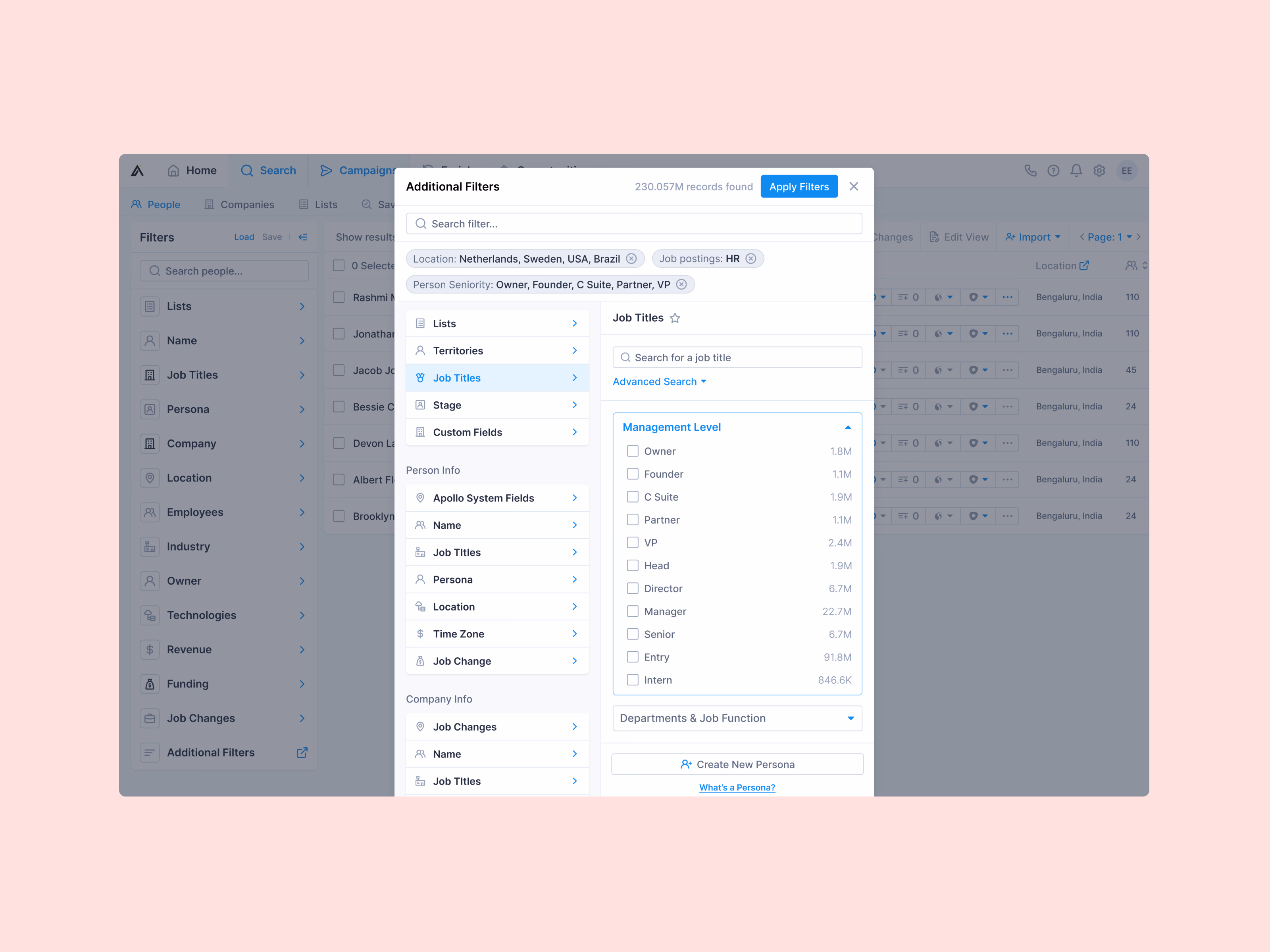 Applied filter chips in Apollo's people search panel