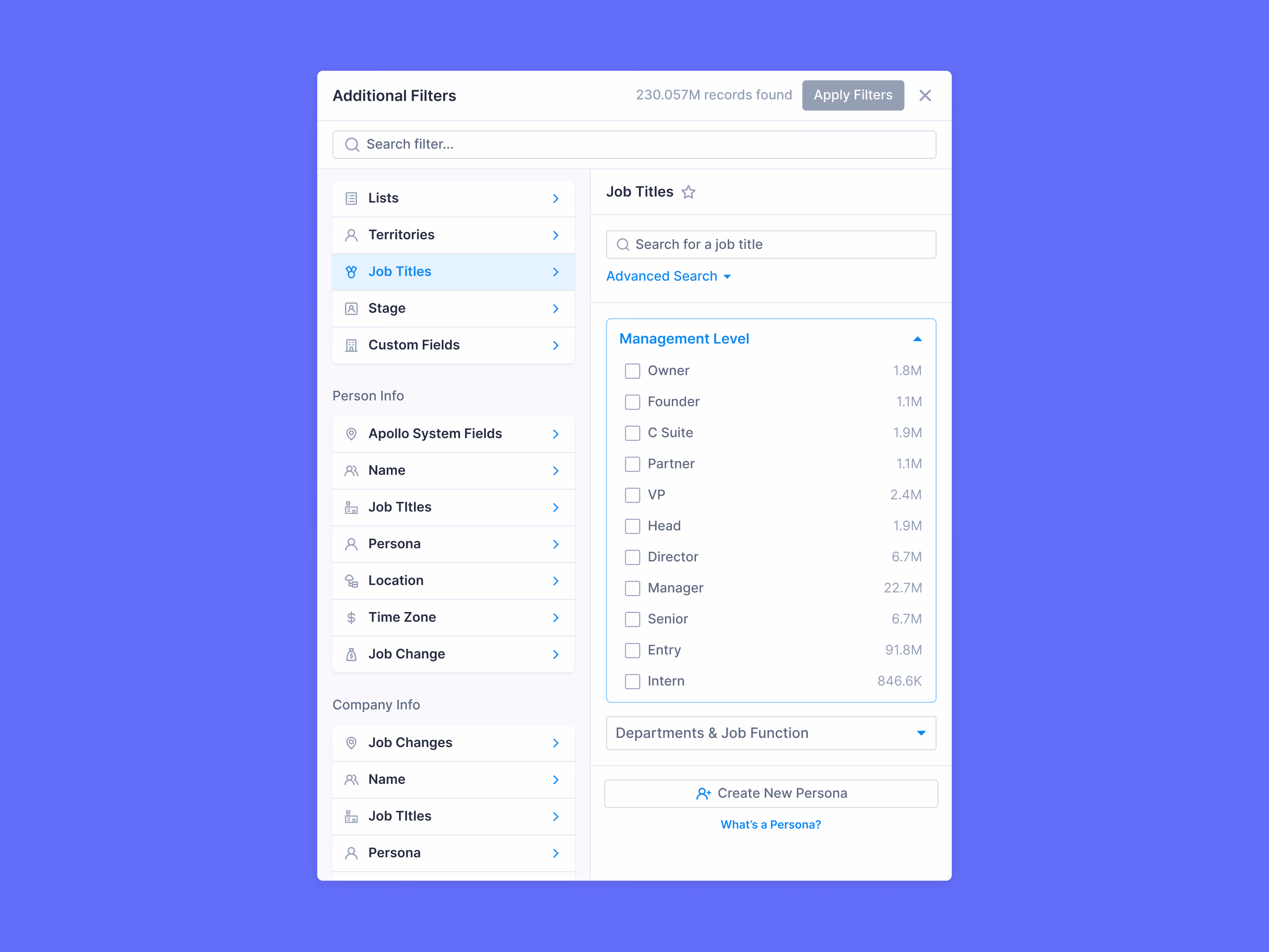 Additional filters modal default state in Apollo