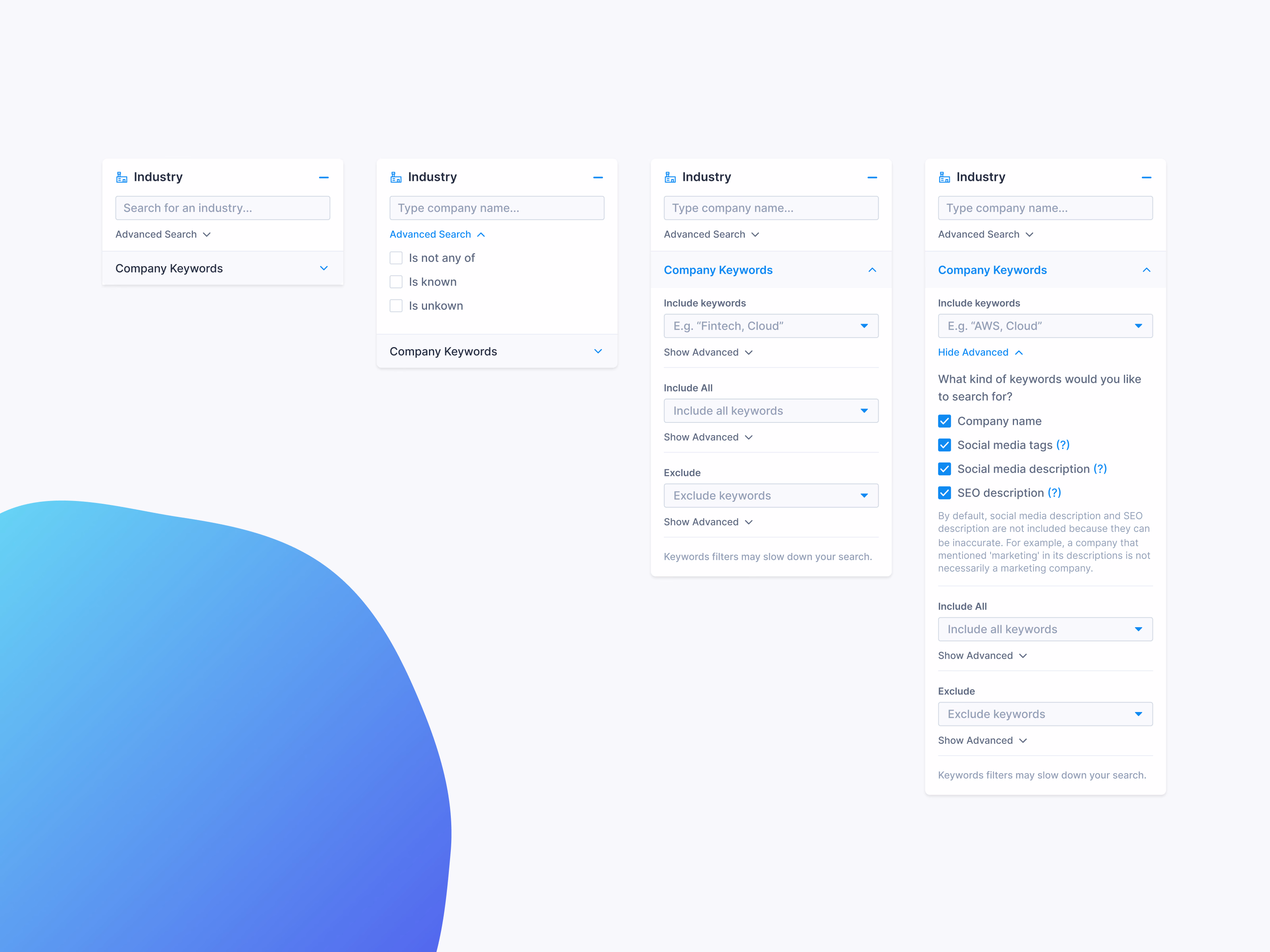 Industry and company keyword advanced search filters