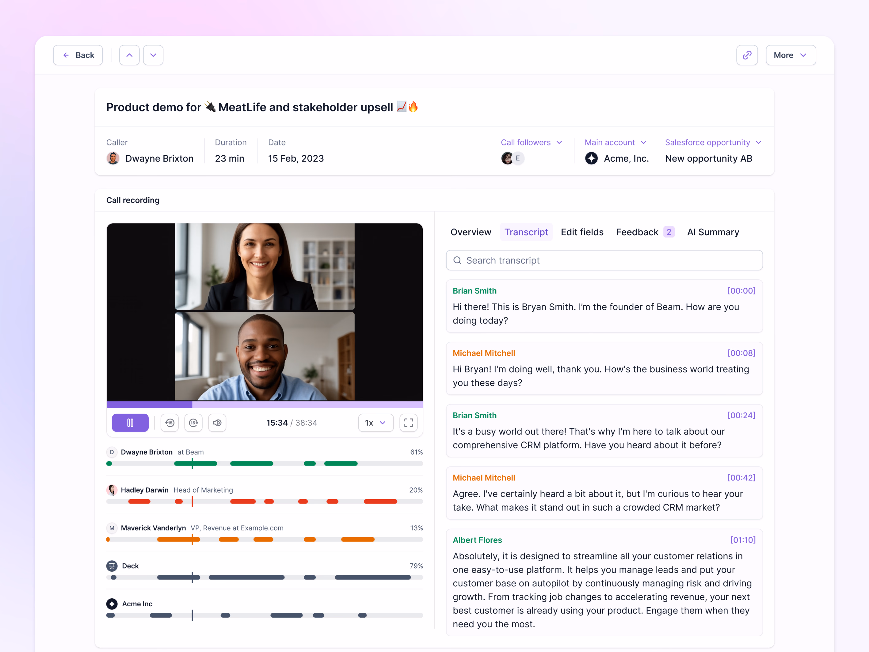 AI call recorder call page in Lantern's AI CRM