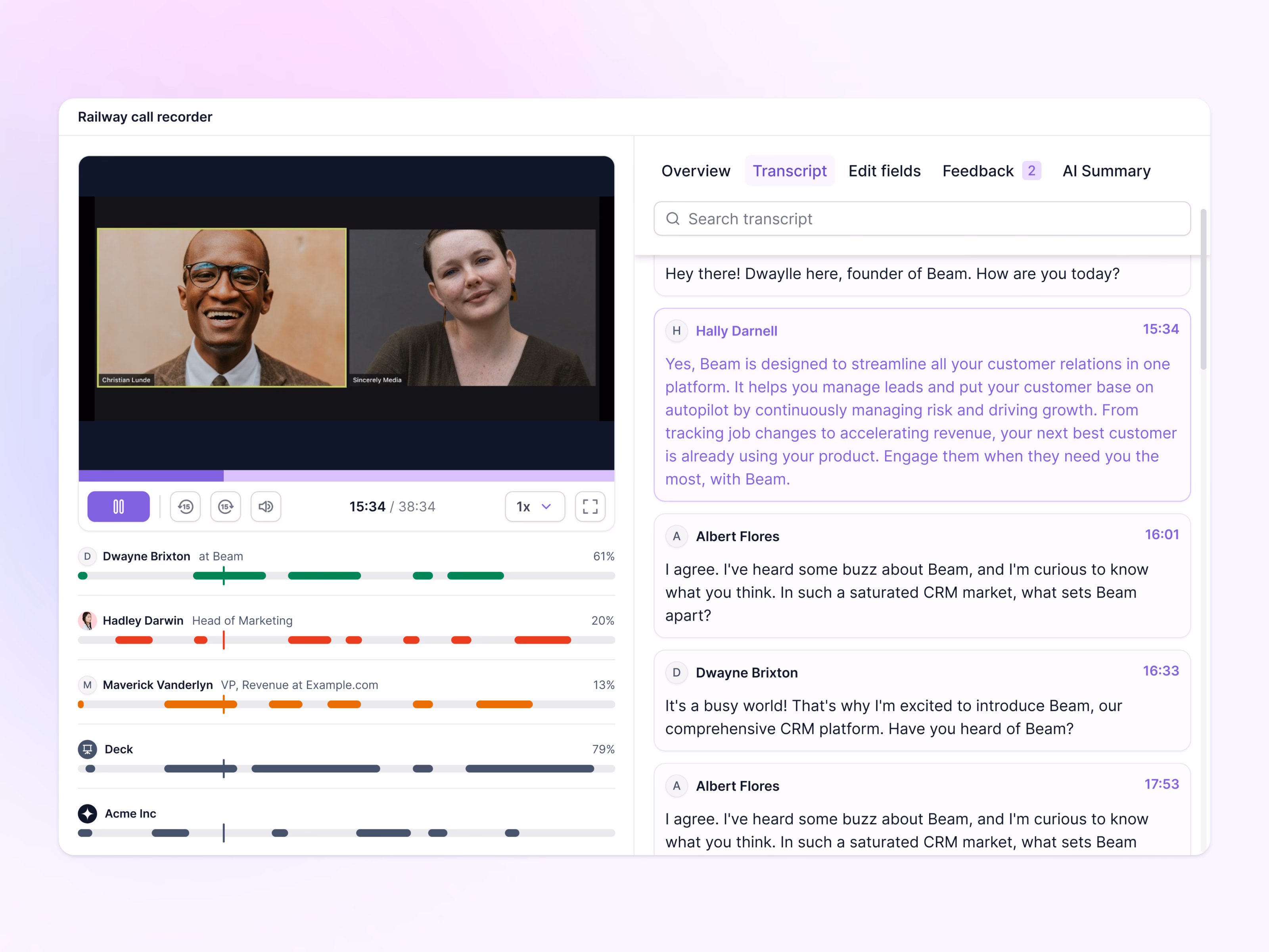 AI call recorder player with speaker tracks for Lantern