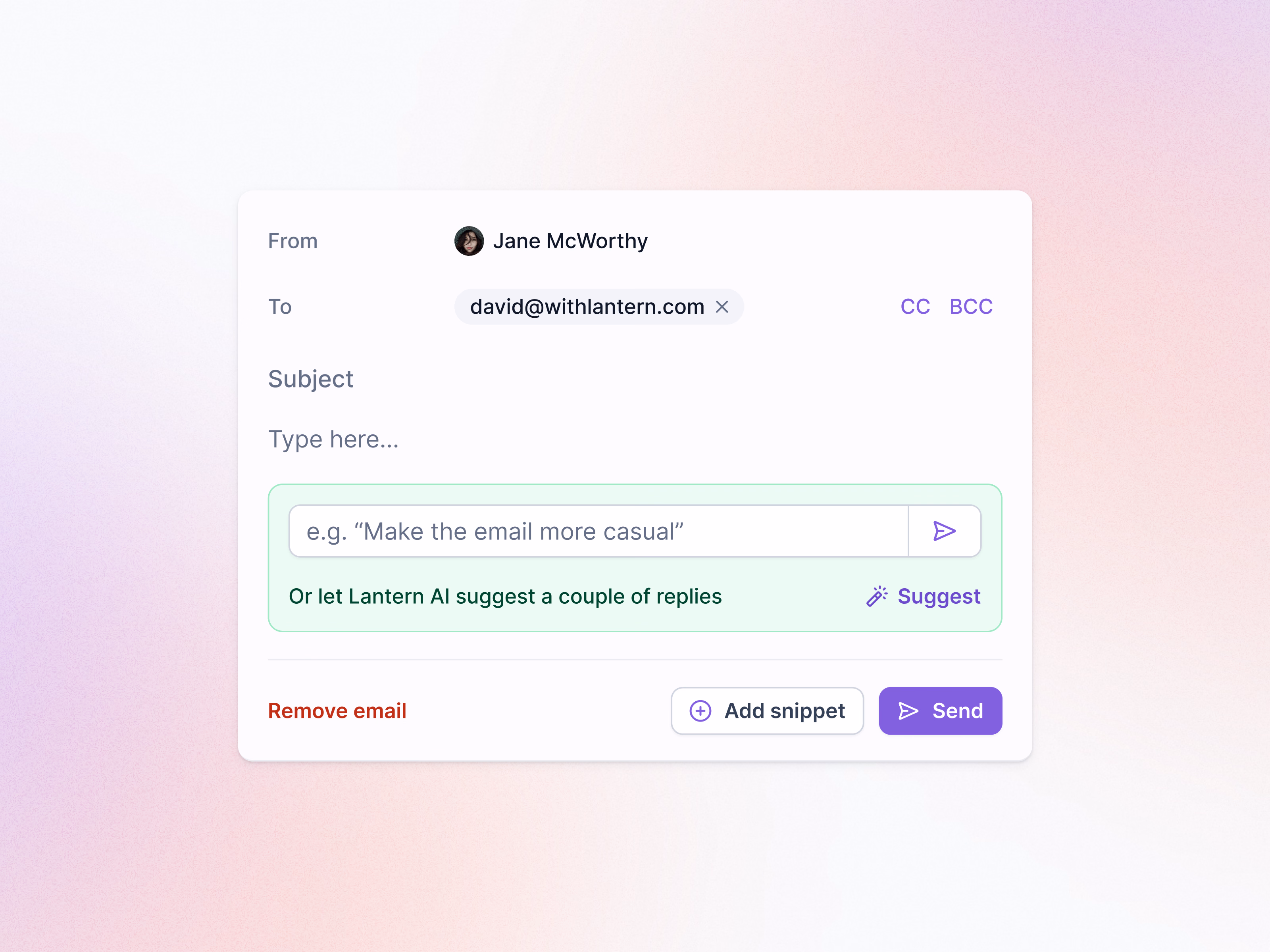 AI email reply suggestions in Lantern's task composer