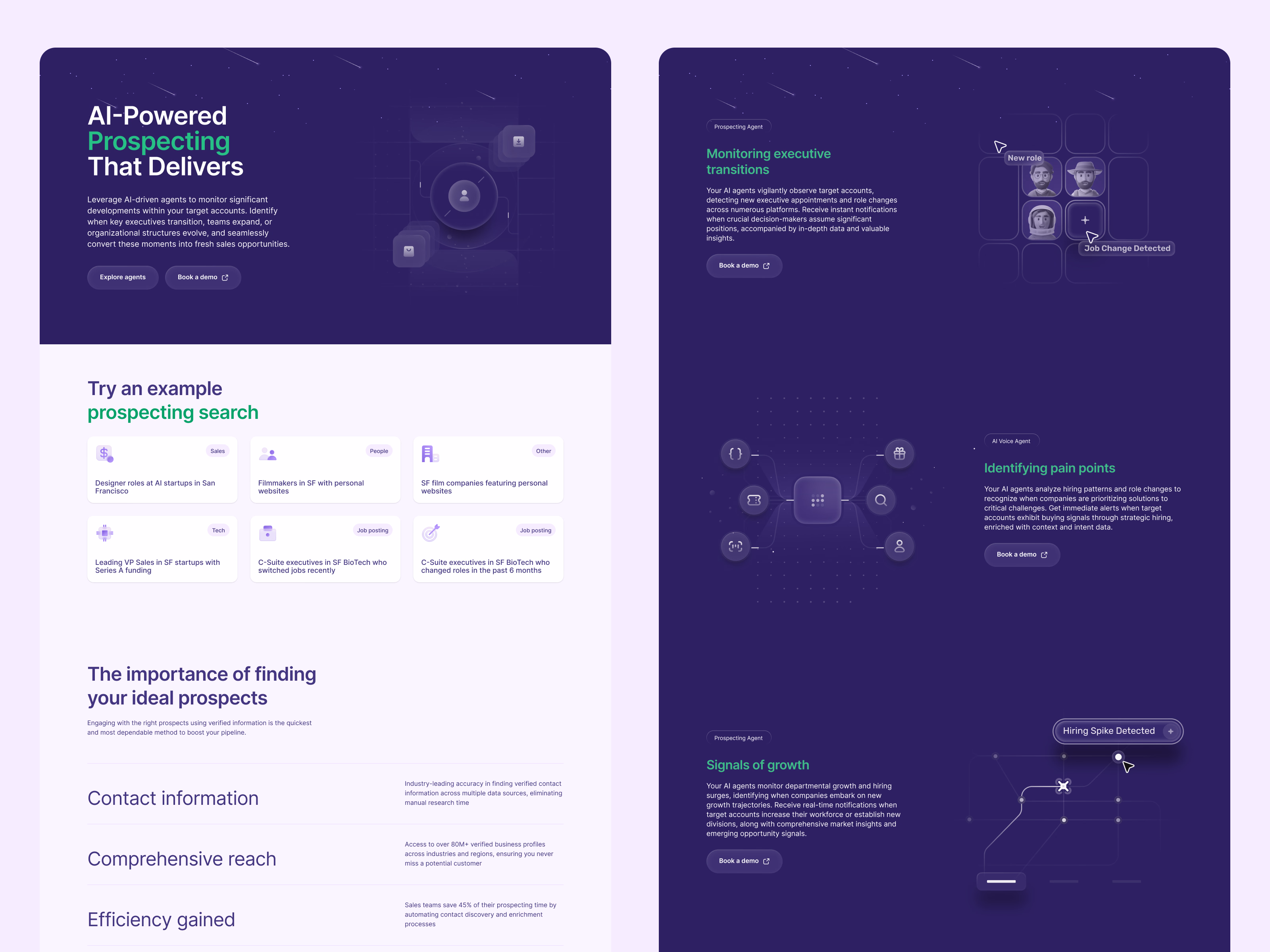 AI-powered prospecting landing page with sample searches