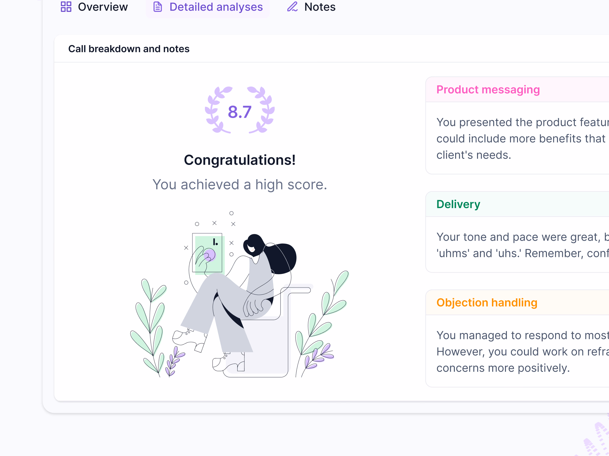 AI sales call training score breakdown in Lantern