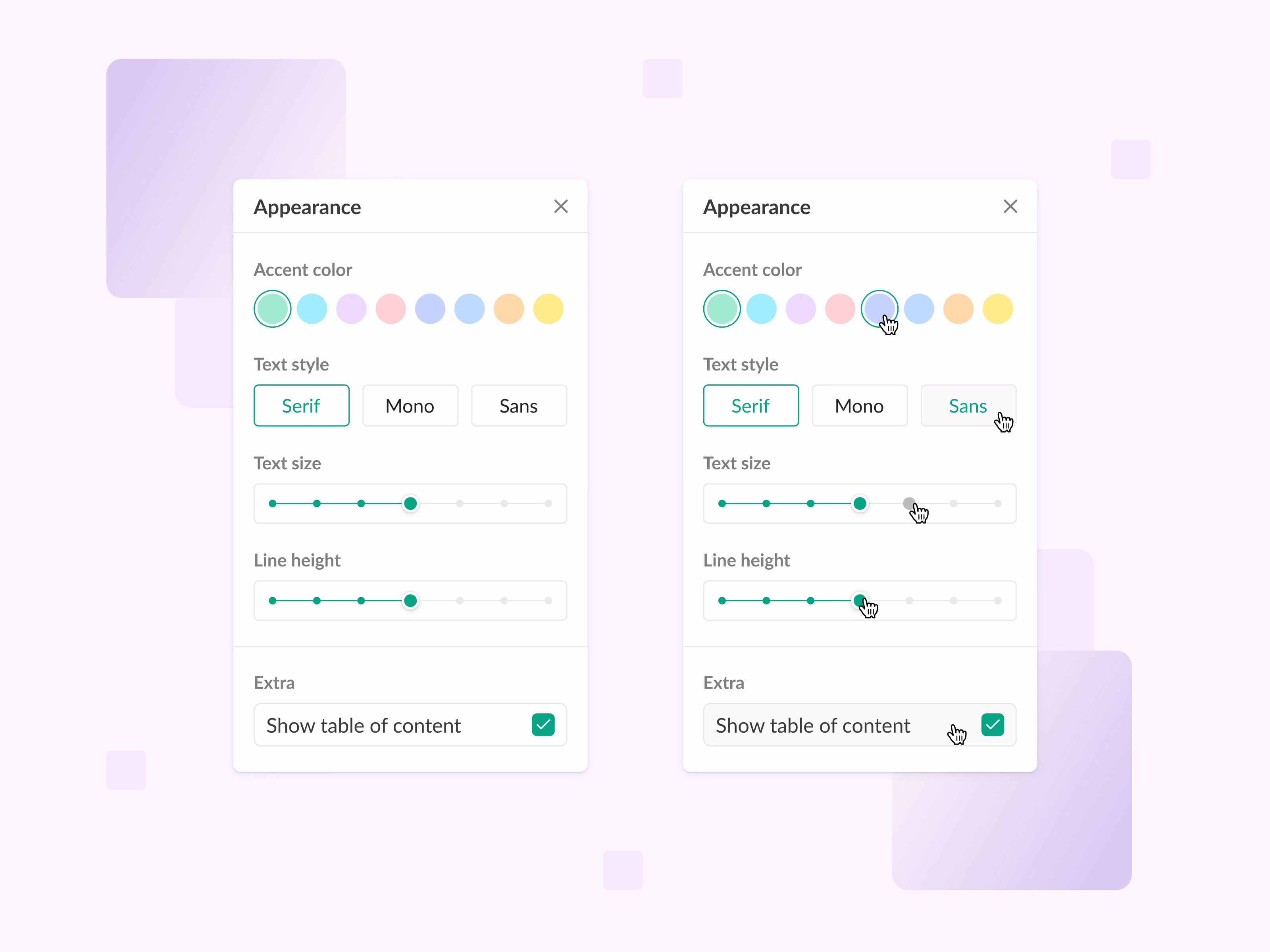 Text appearance settings panel for Shosho writers