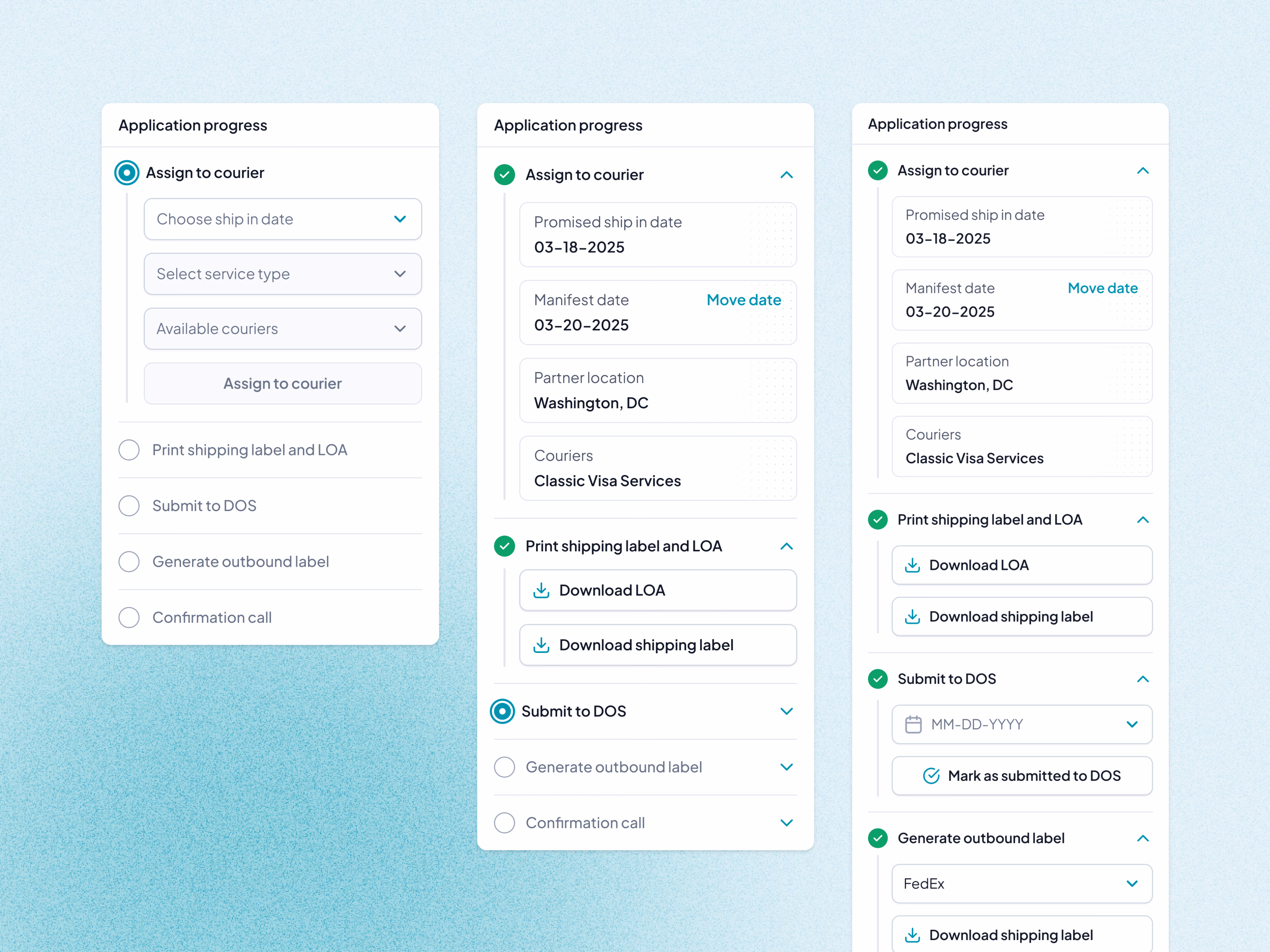 Passport application progress checklist in HelloGov admin