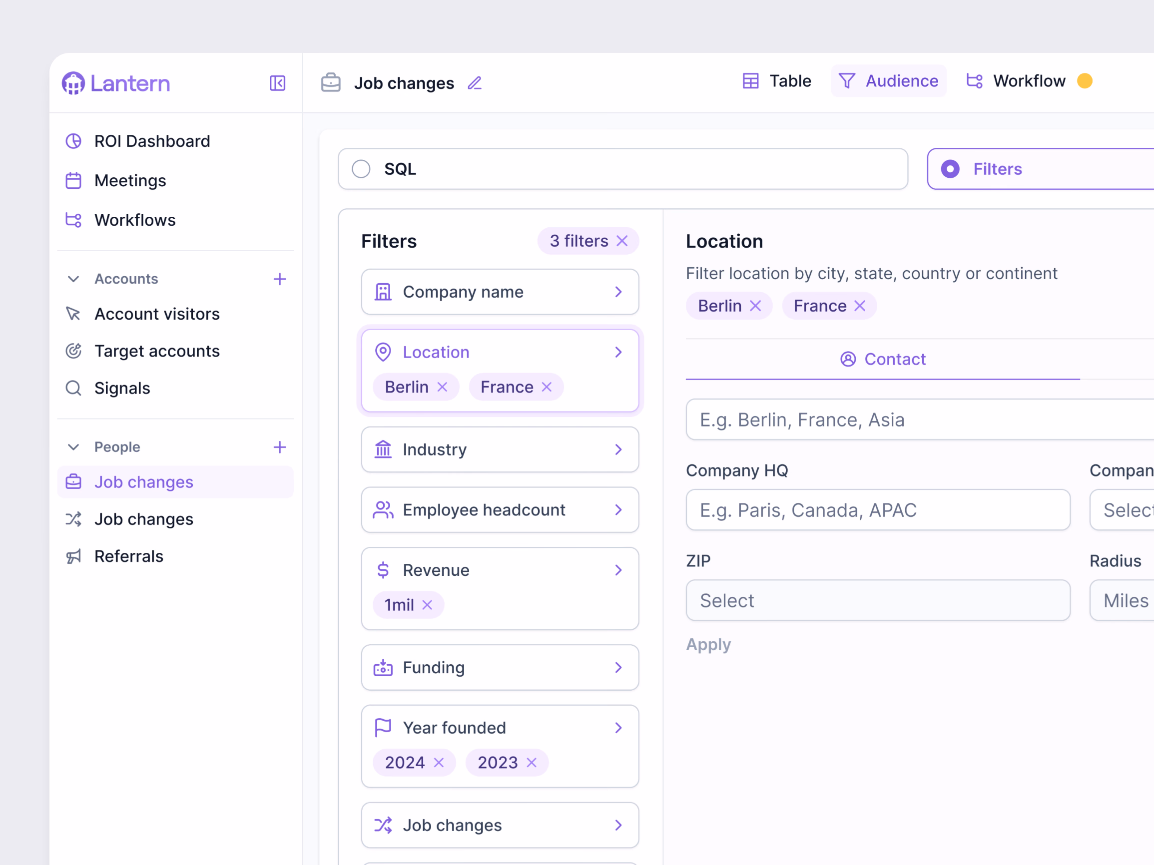 Audience builder filters for Lantern workflows