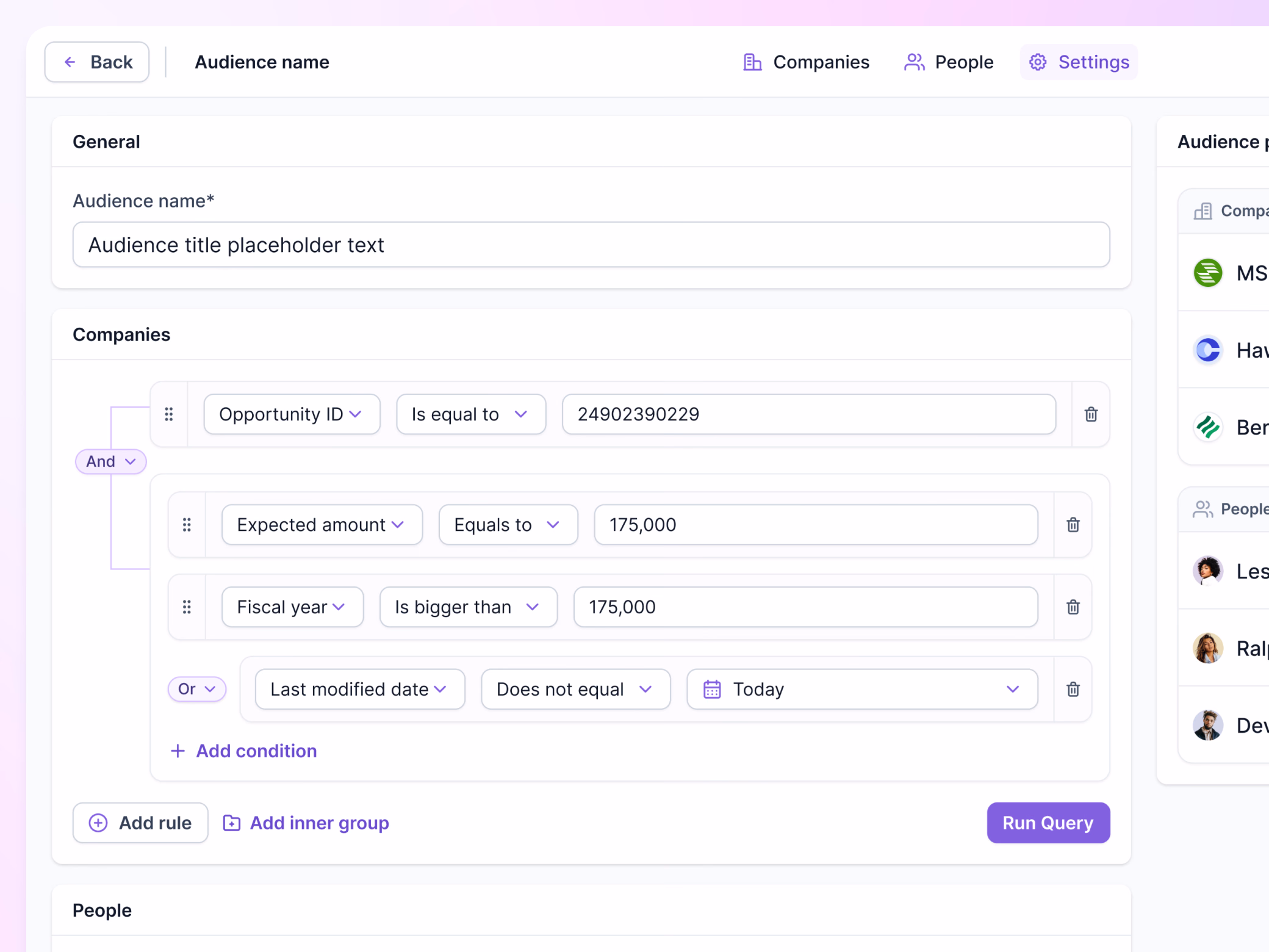 Nested audience query builder in Lantern's AI CRM