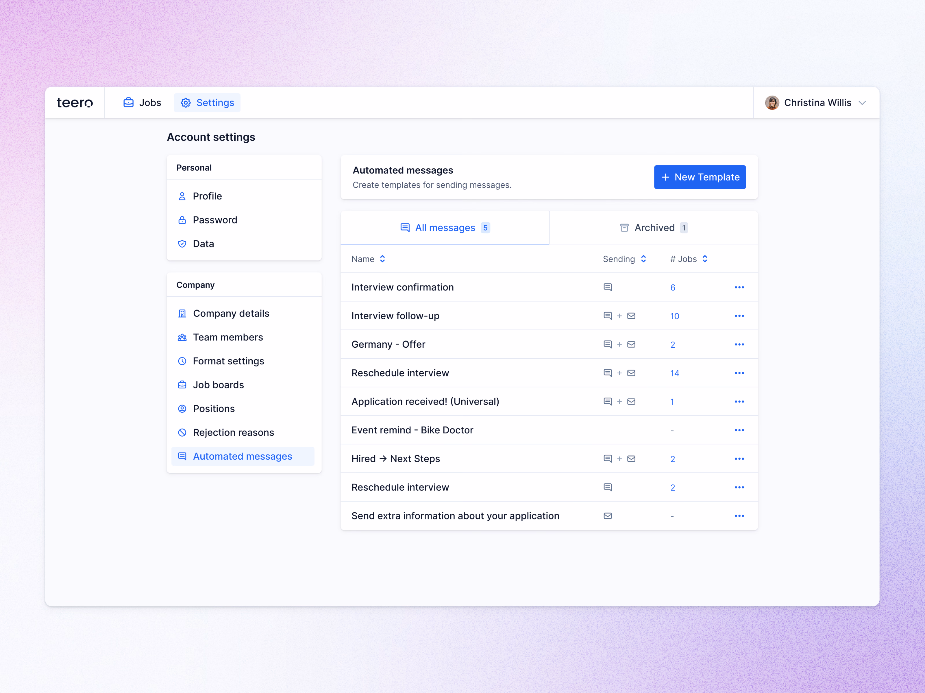 SMS and email template library for Teero recruiting