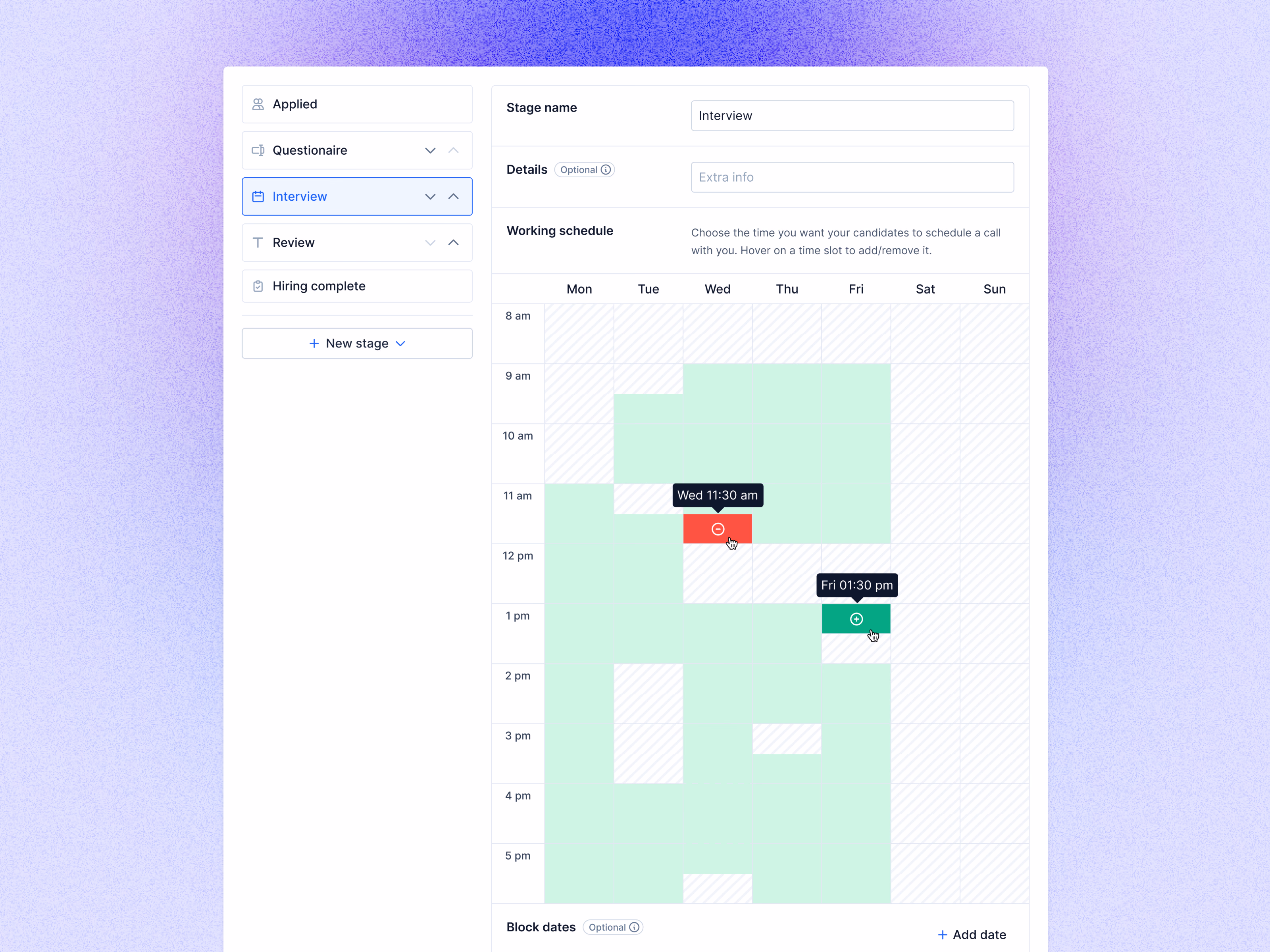 Interview availability schedule settings in Teero