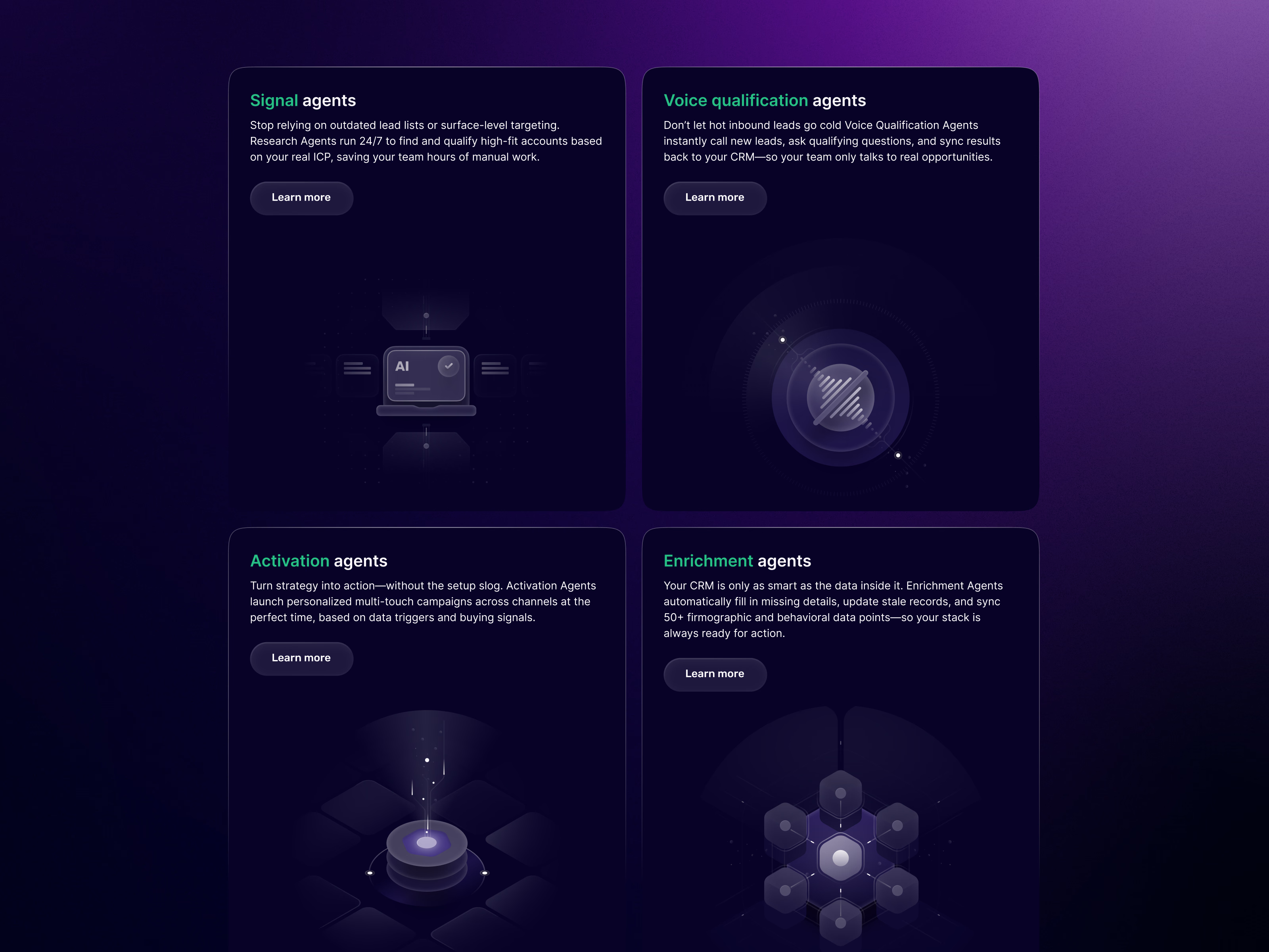 Bento grid of AI agent cards for Lantern's website