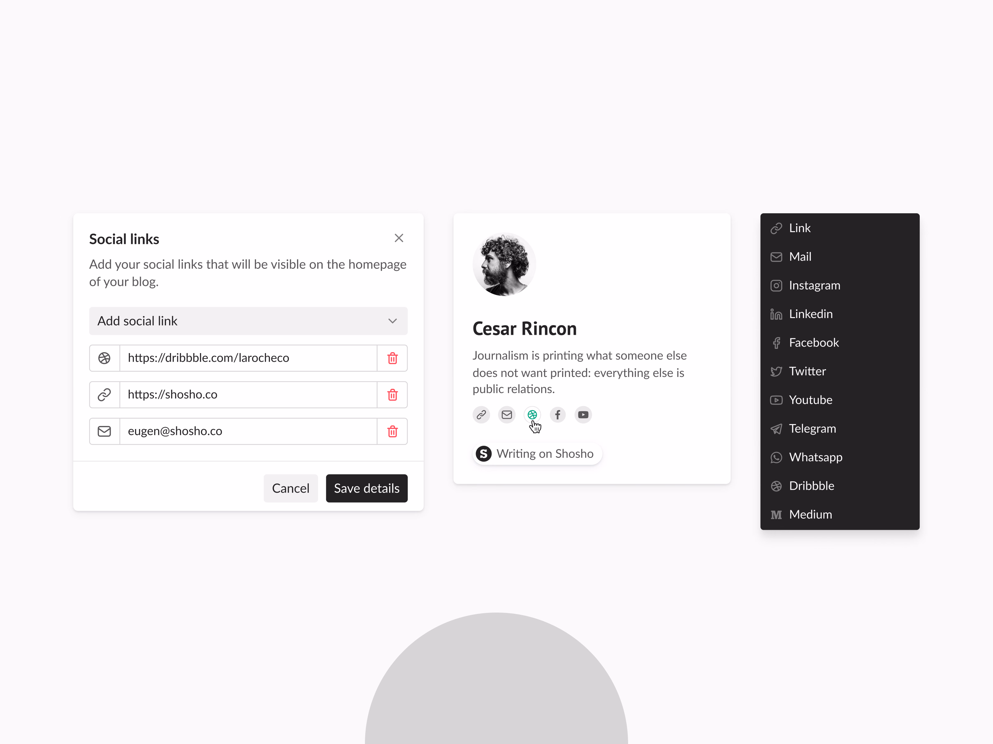 Blog social links modal and author card for Shosho