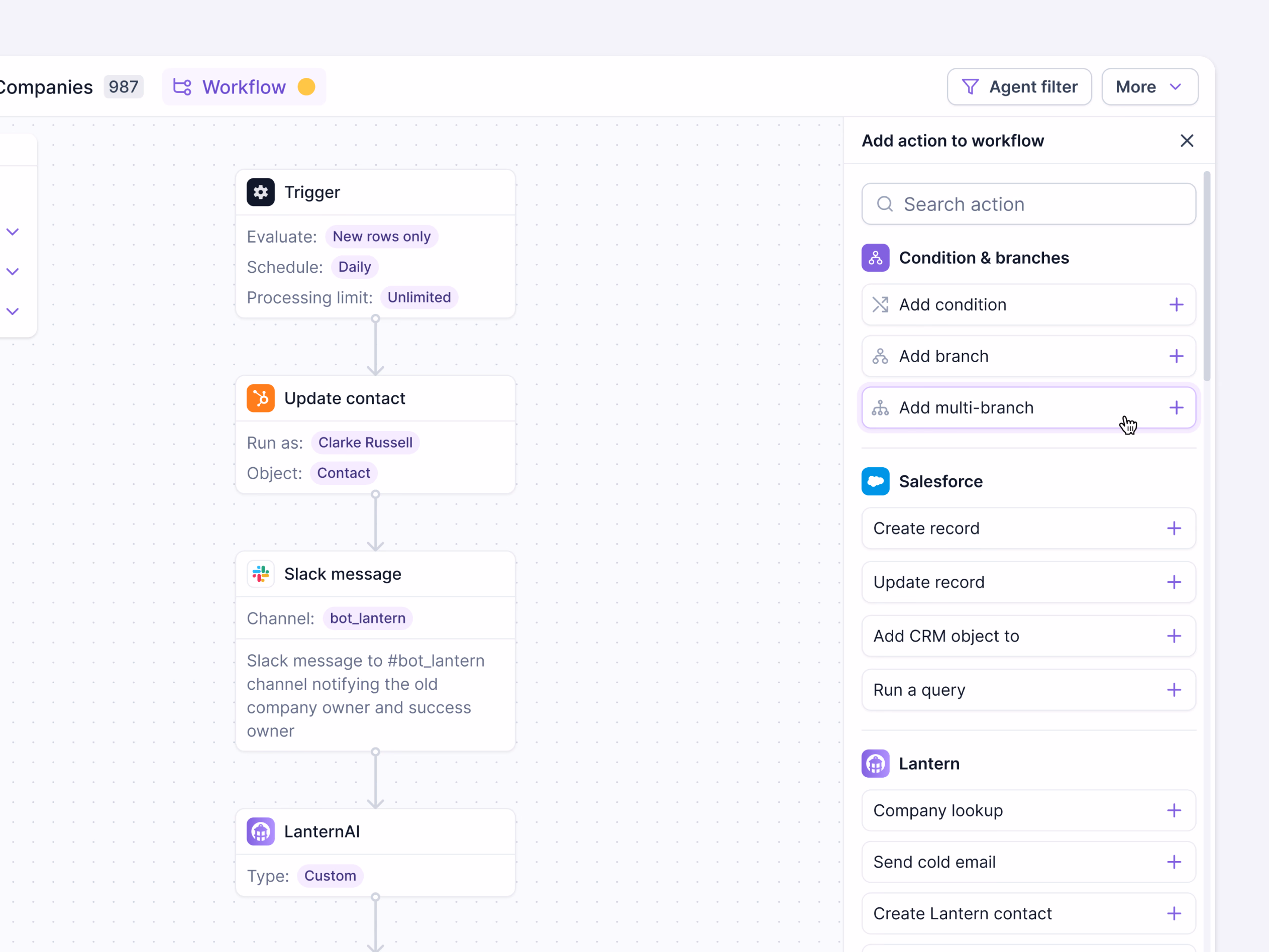 Workflow builder add action panel in Lantern