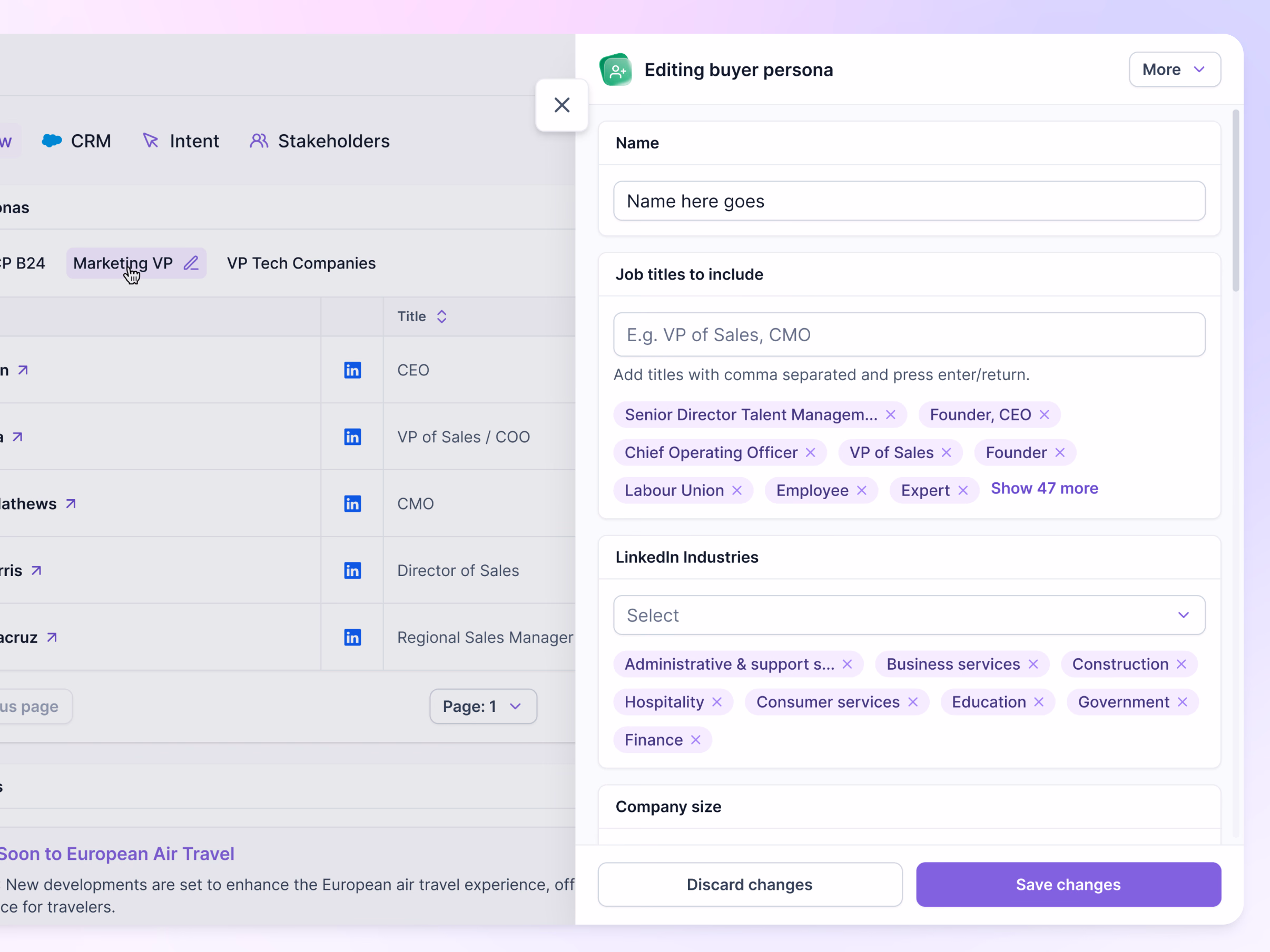 Buyer persona editor panel in Lantern's AI CRM