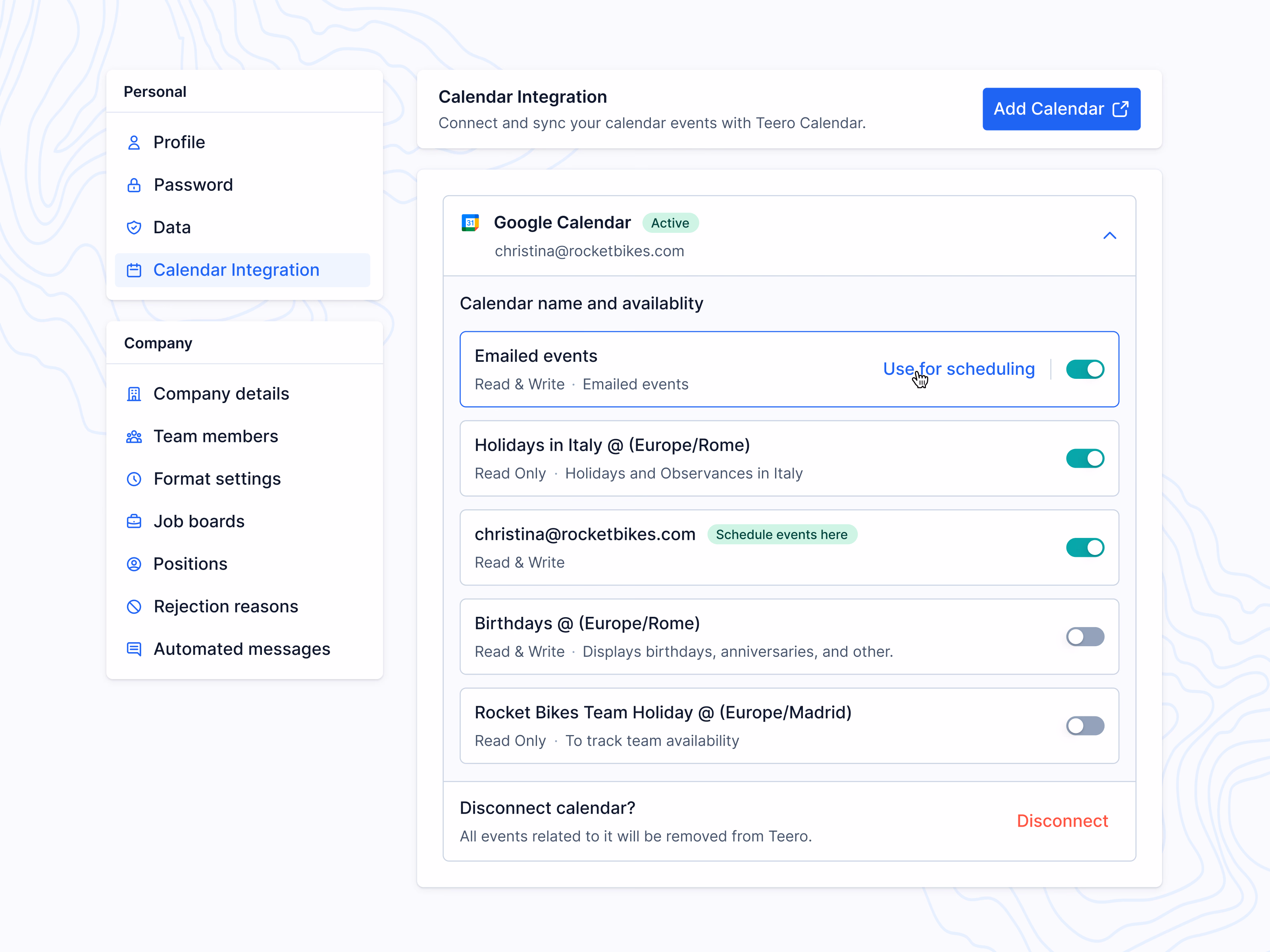 Google Calendar integration settings in Teero