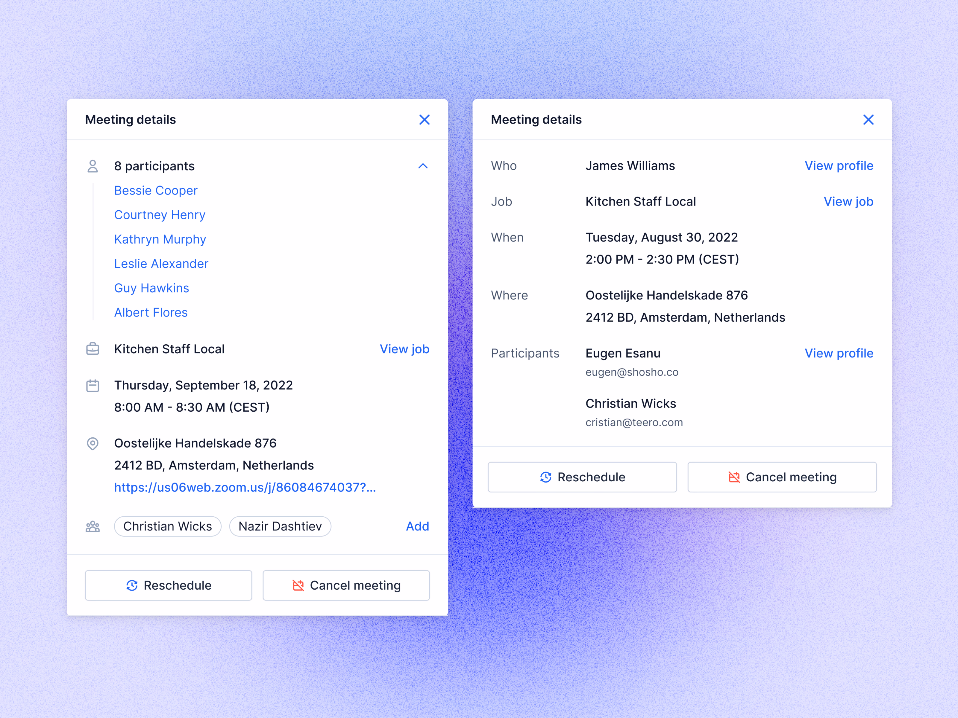Interview details popover layout exploration for Teero