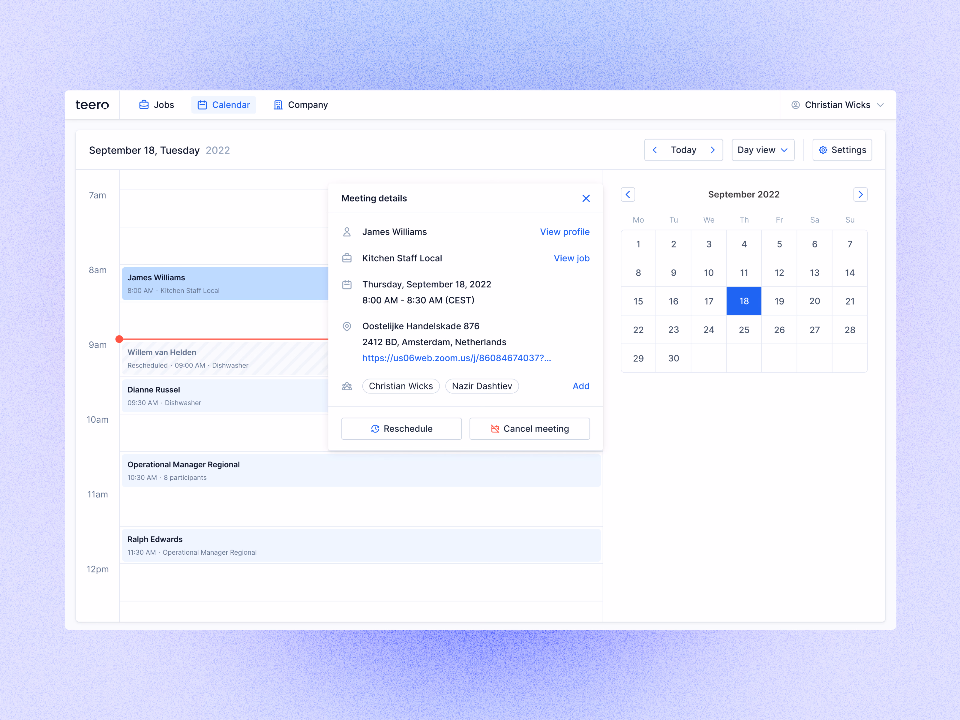 Interview details popover in Teero's hiring calendar