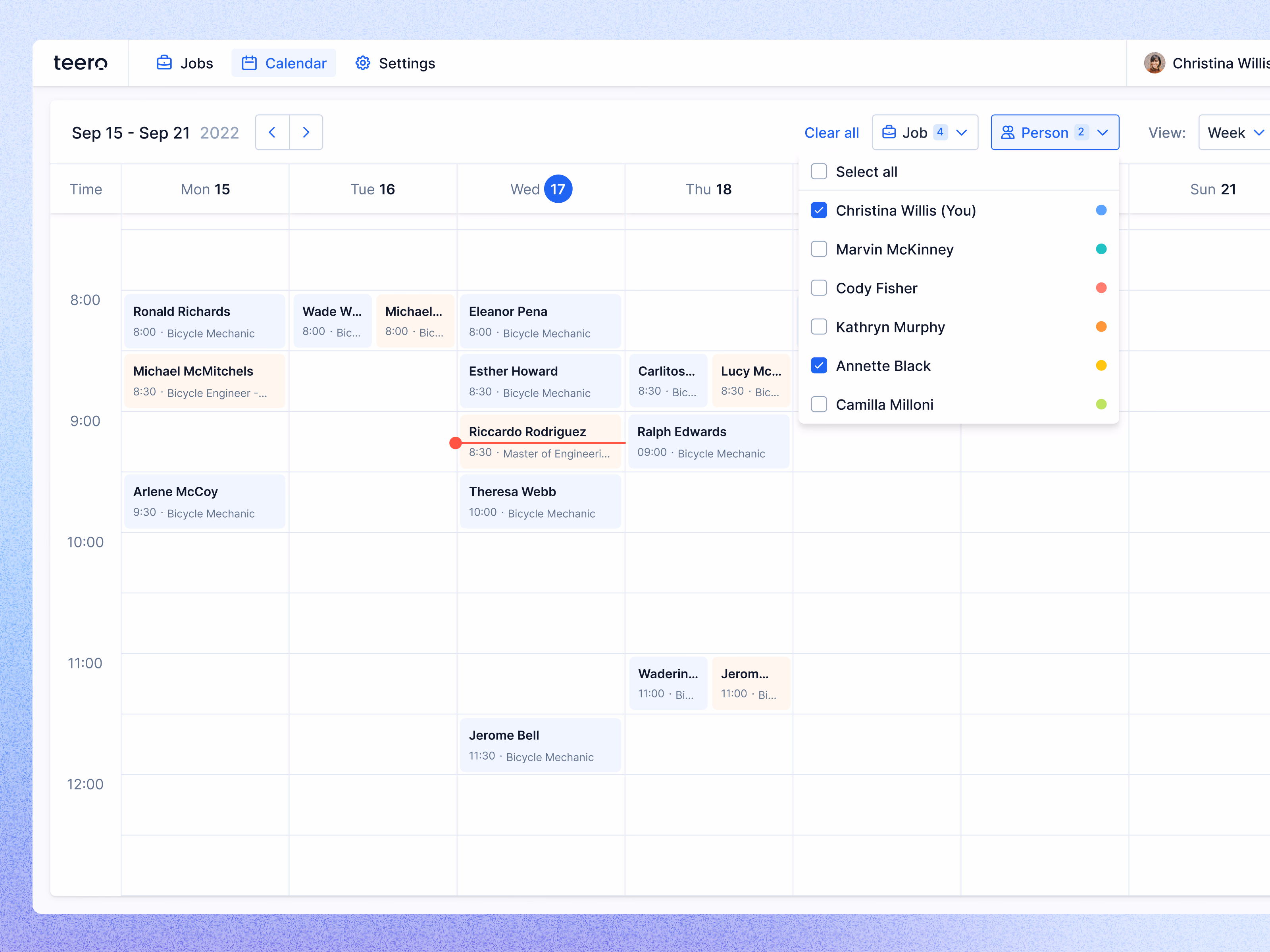 Hiring calendar team and person filters in Teero