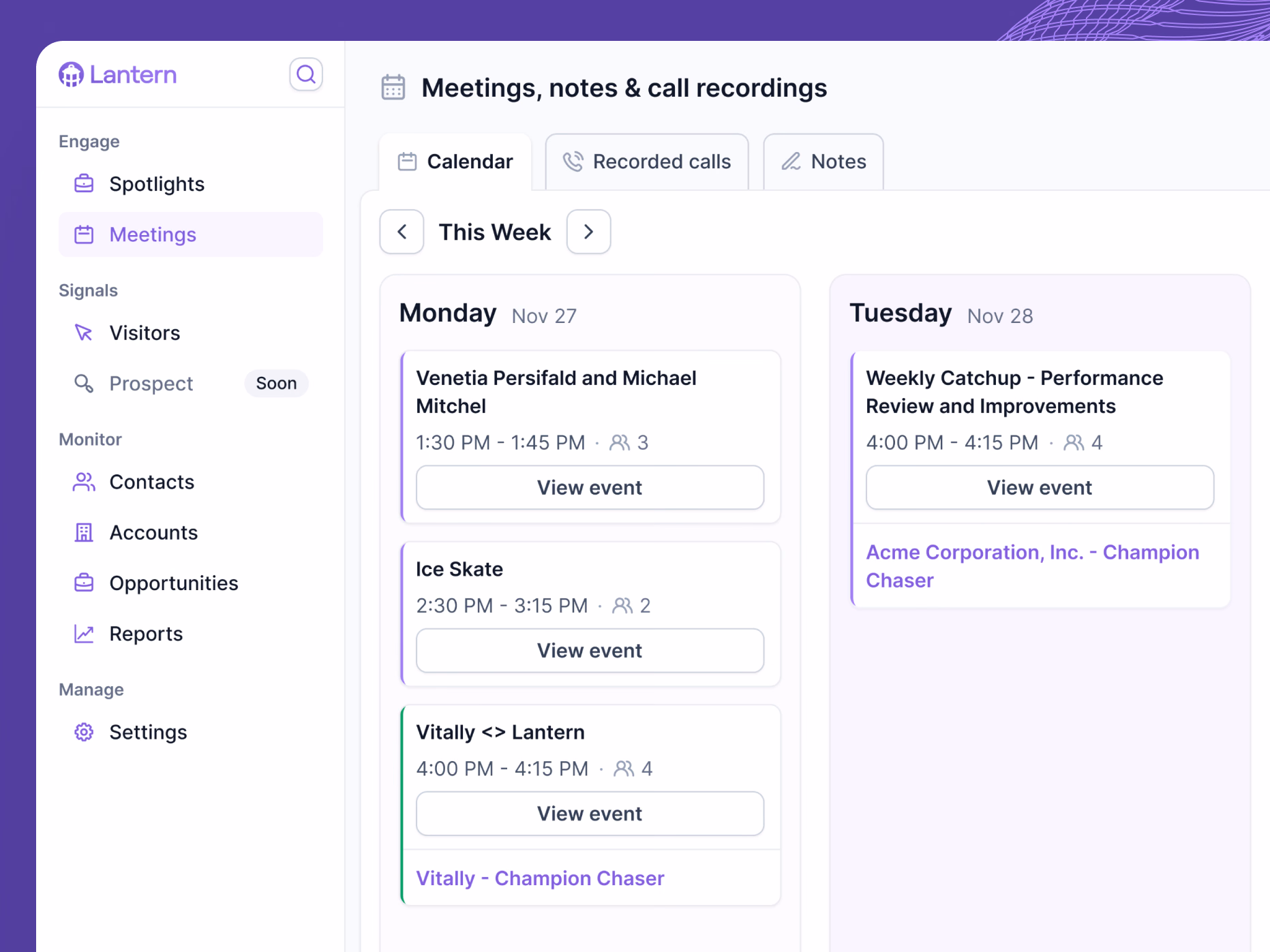 Meetings calendar week view in Lantern's AI CRM