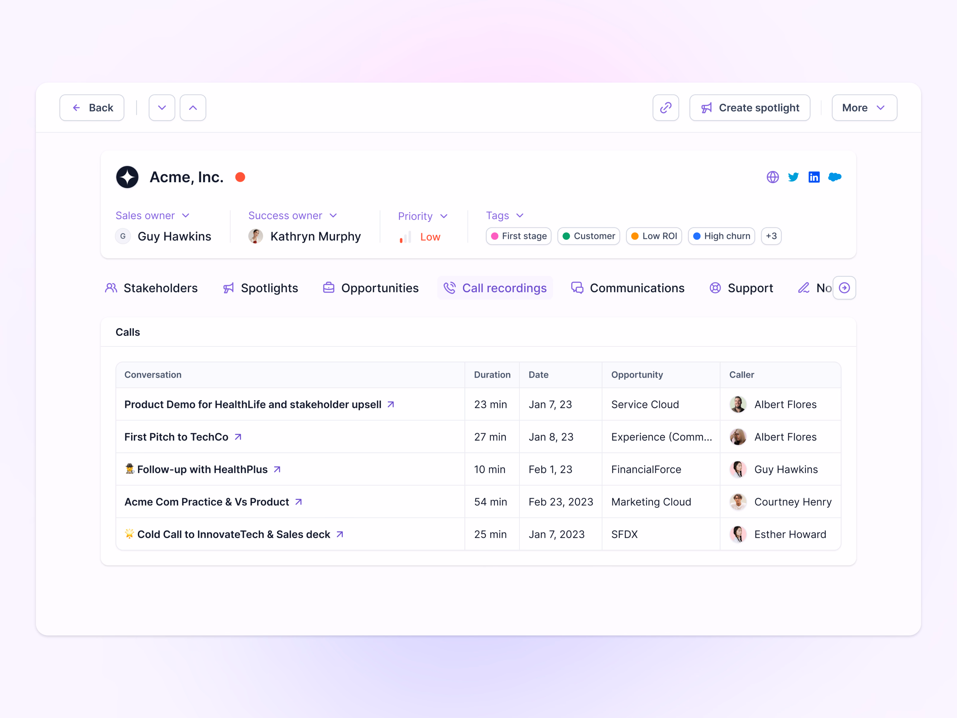 Call recordings tab on a Lantern account page