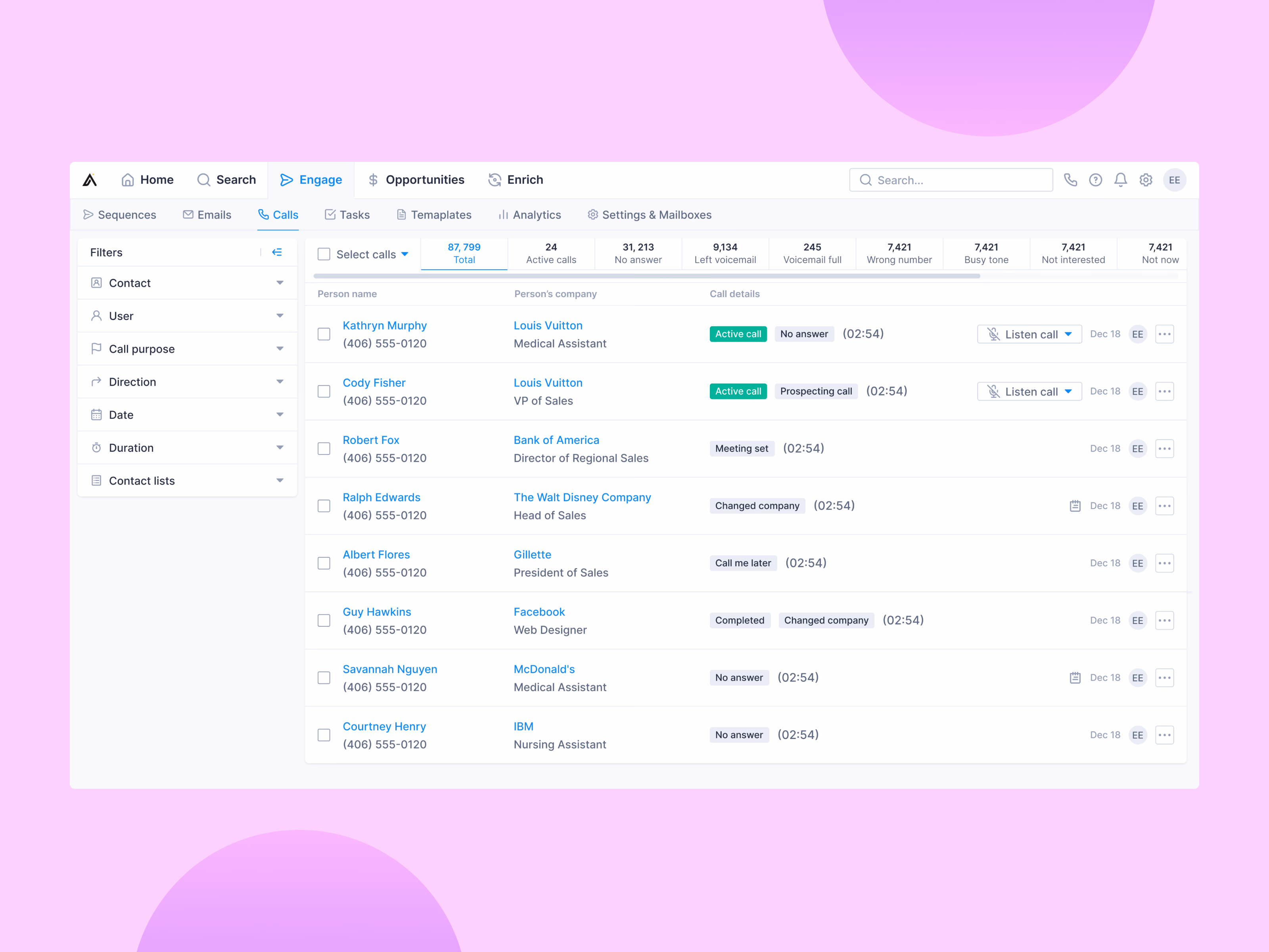 Calls table outcome tabs exploration for Apollo Engage