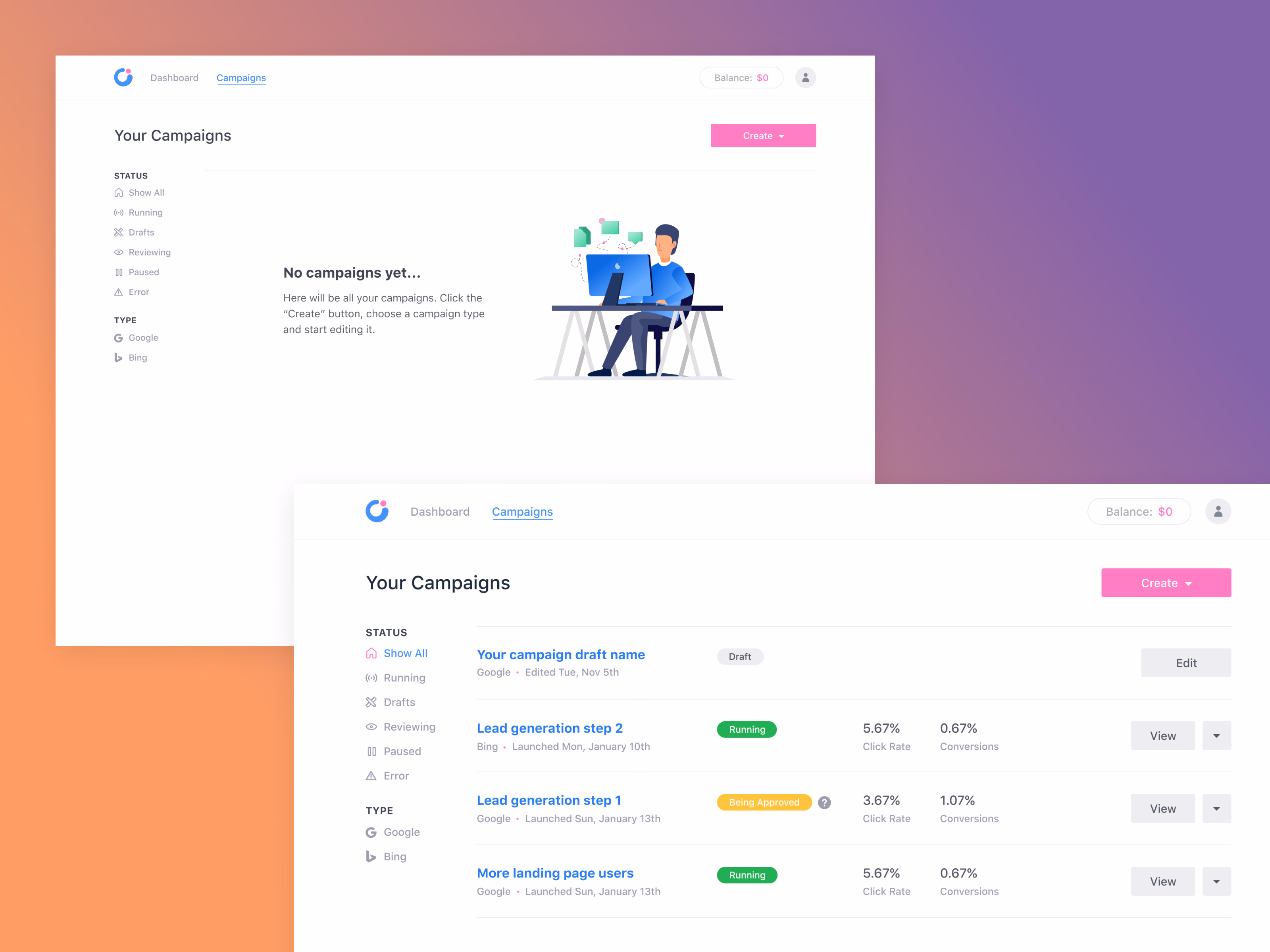 Ad campaigns management page redesign for Instaon