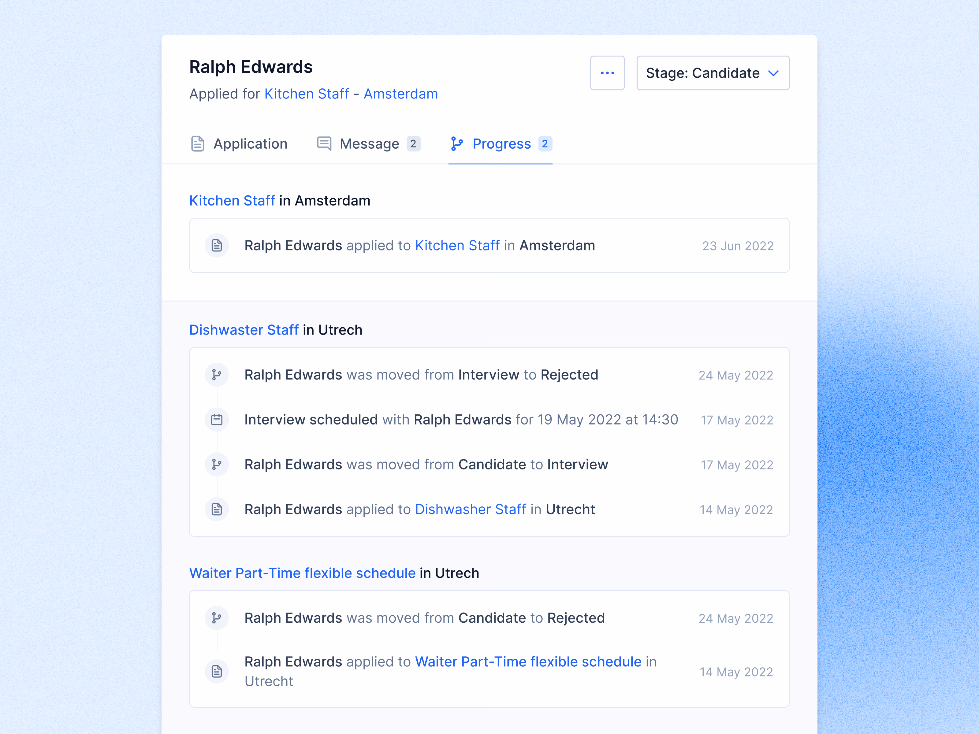 Candidate activity log on Teero's applicant profile