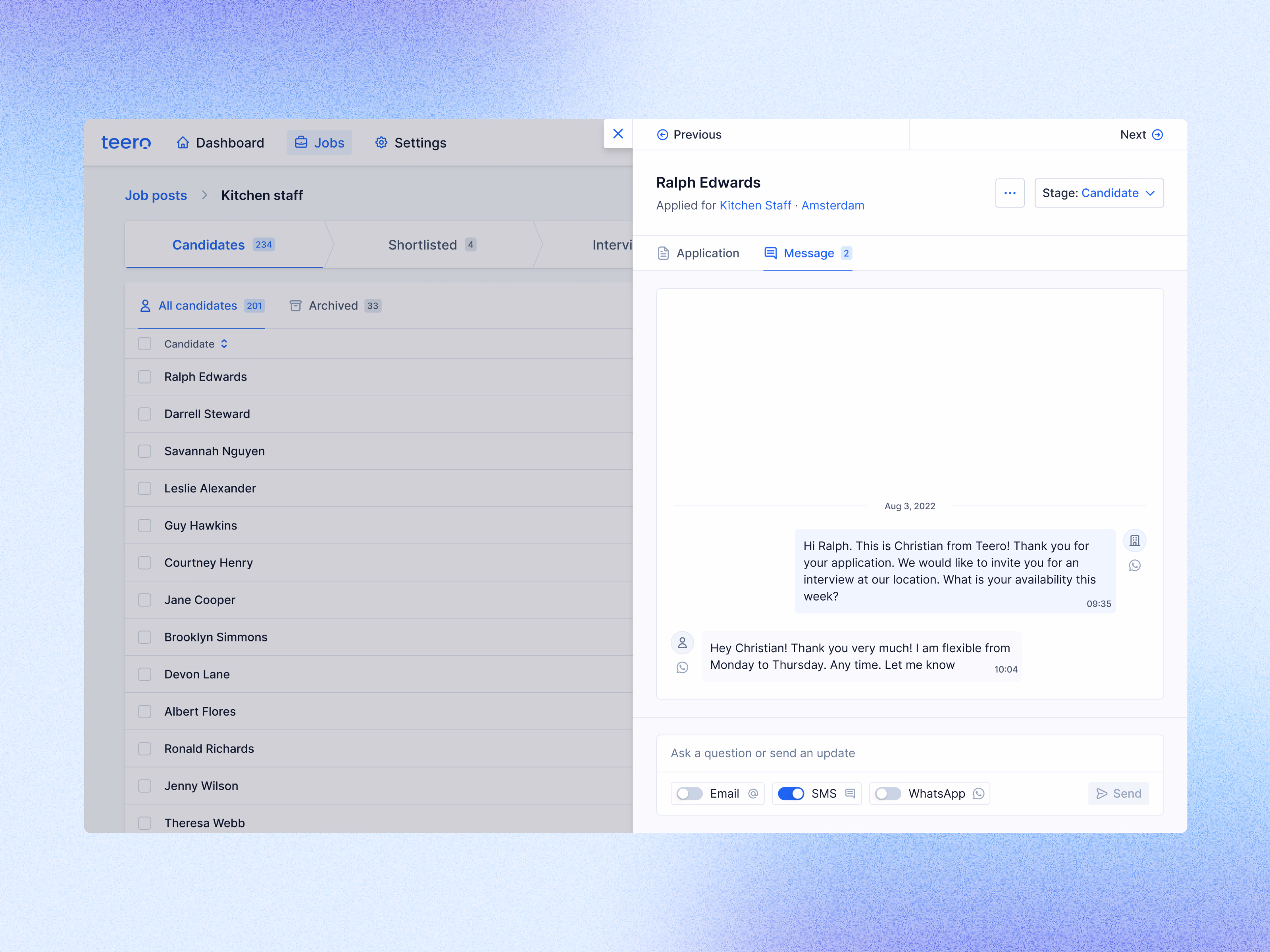 Email, SMS and WhatsApp candidate messaging in Teero