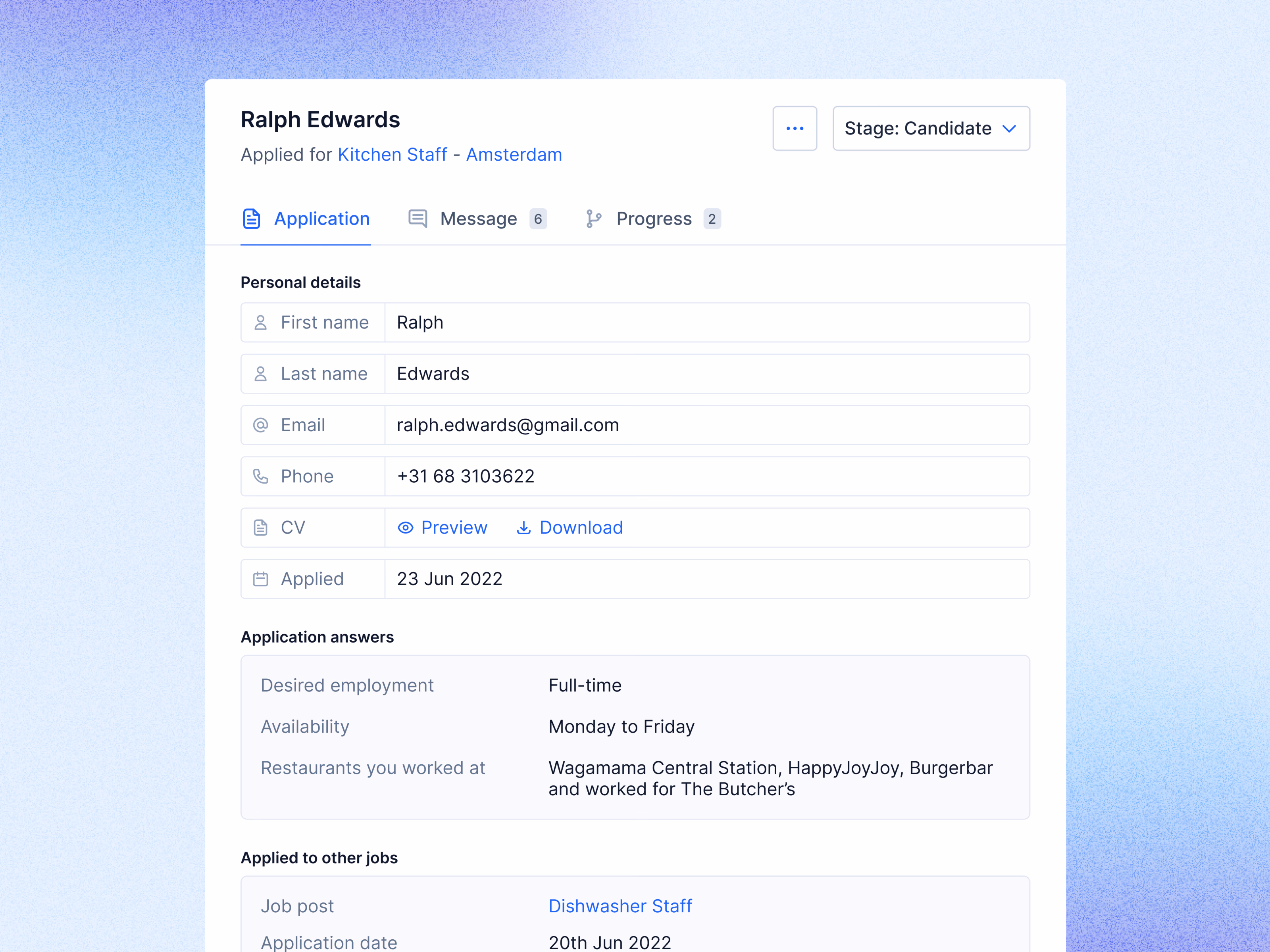 Candidate application profile tab draft for Teero