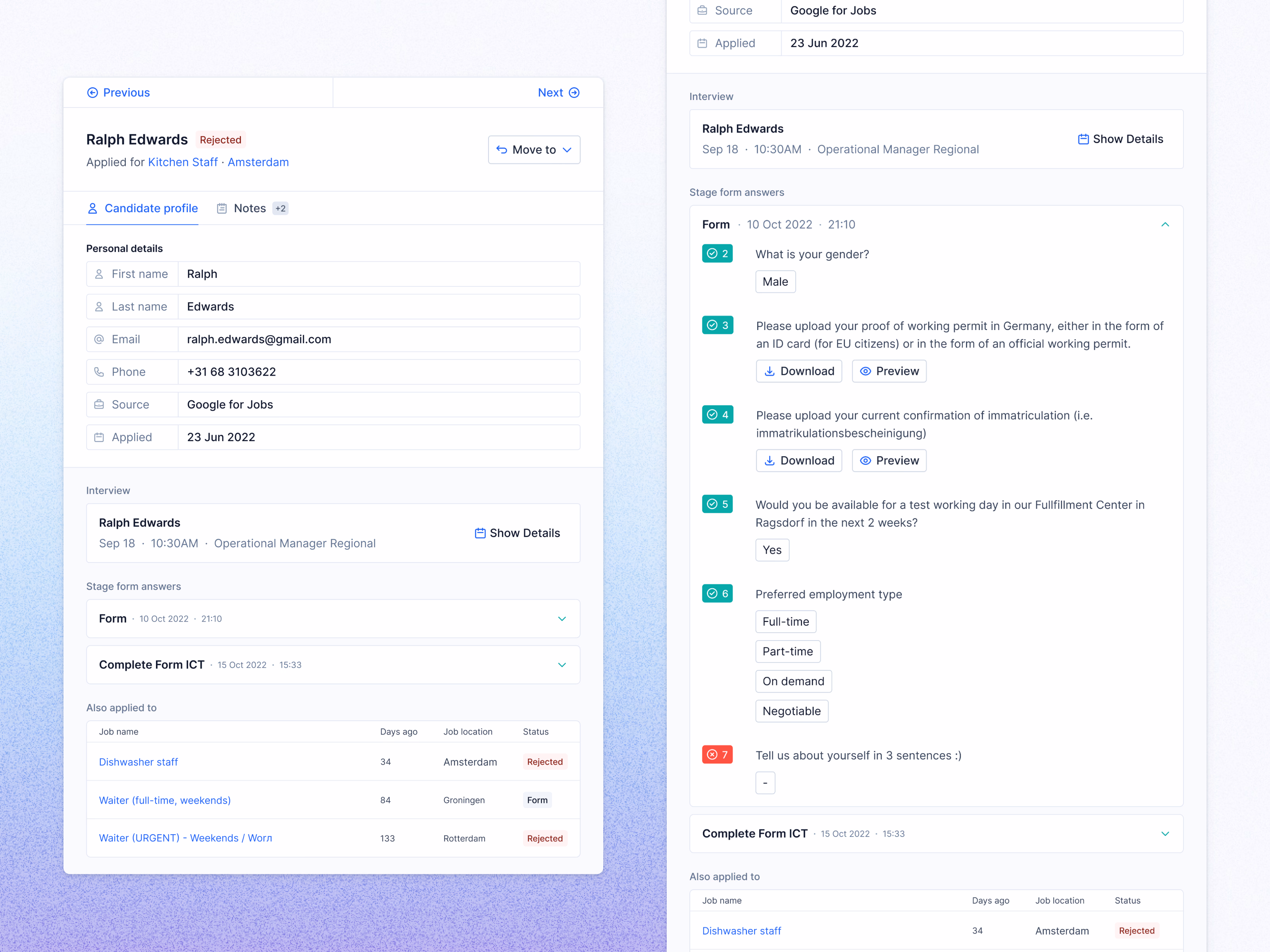 Candidate profile with application form answers in Teero