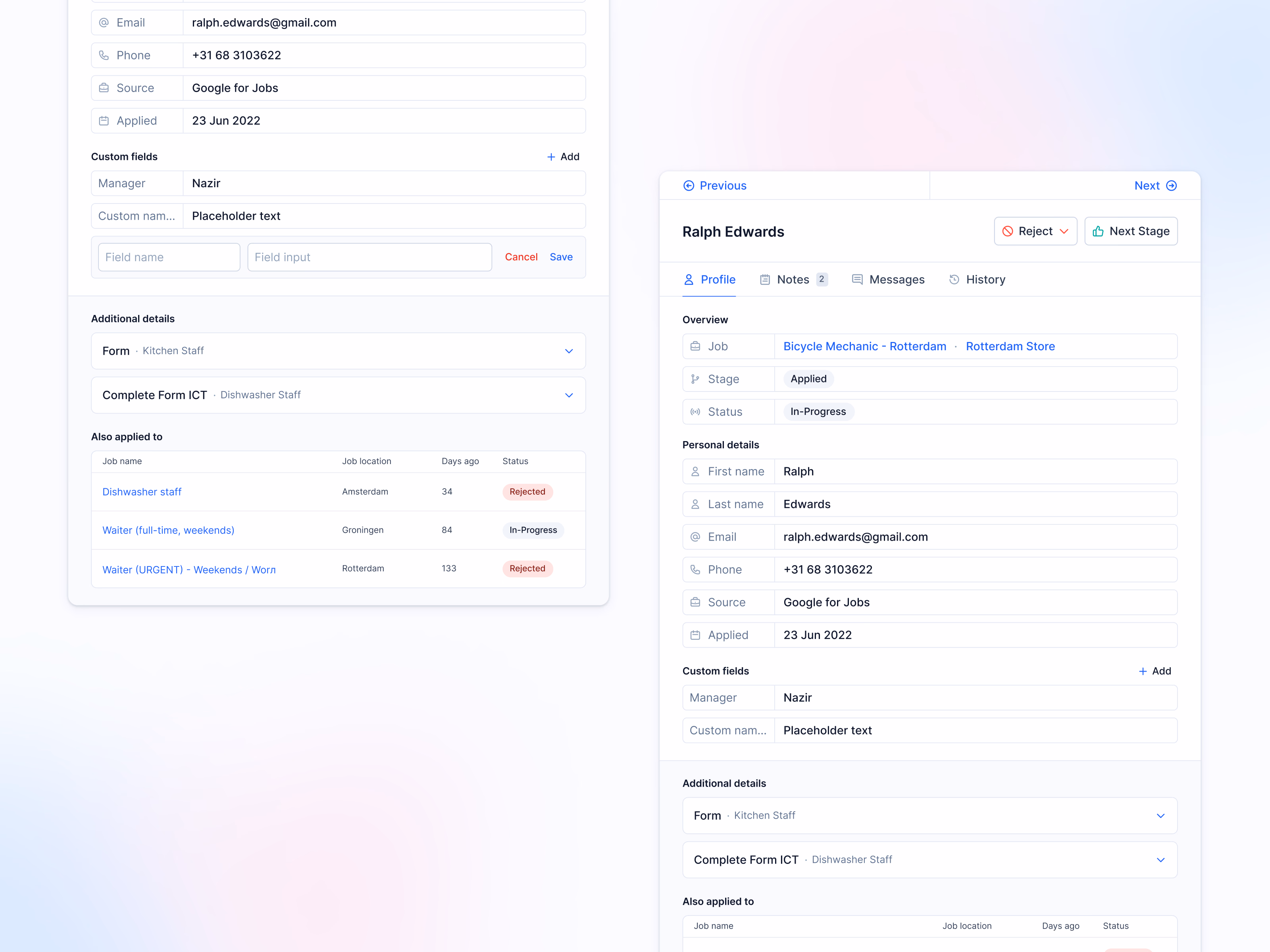 Candidate side panel details in Teero's hiring pipeline