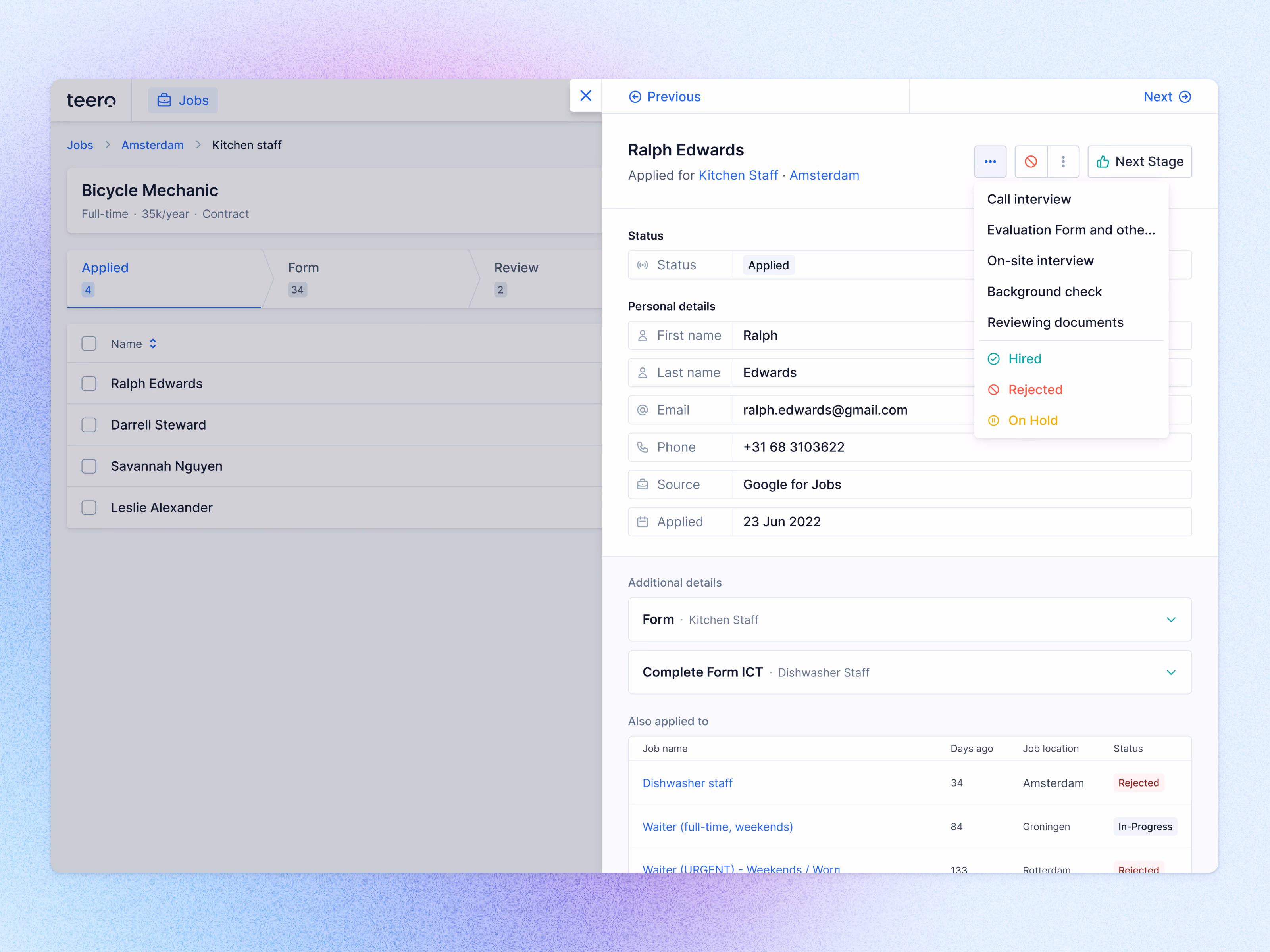 Candidate side panel with stage actions in Teero