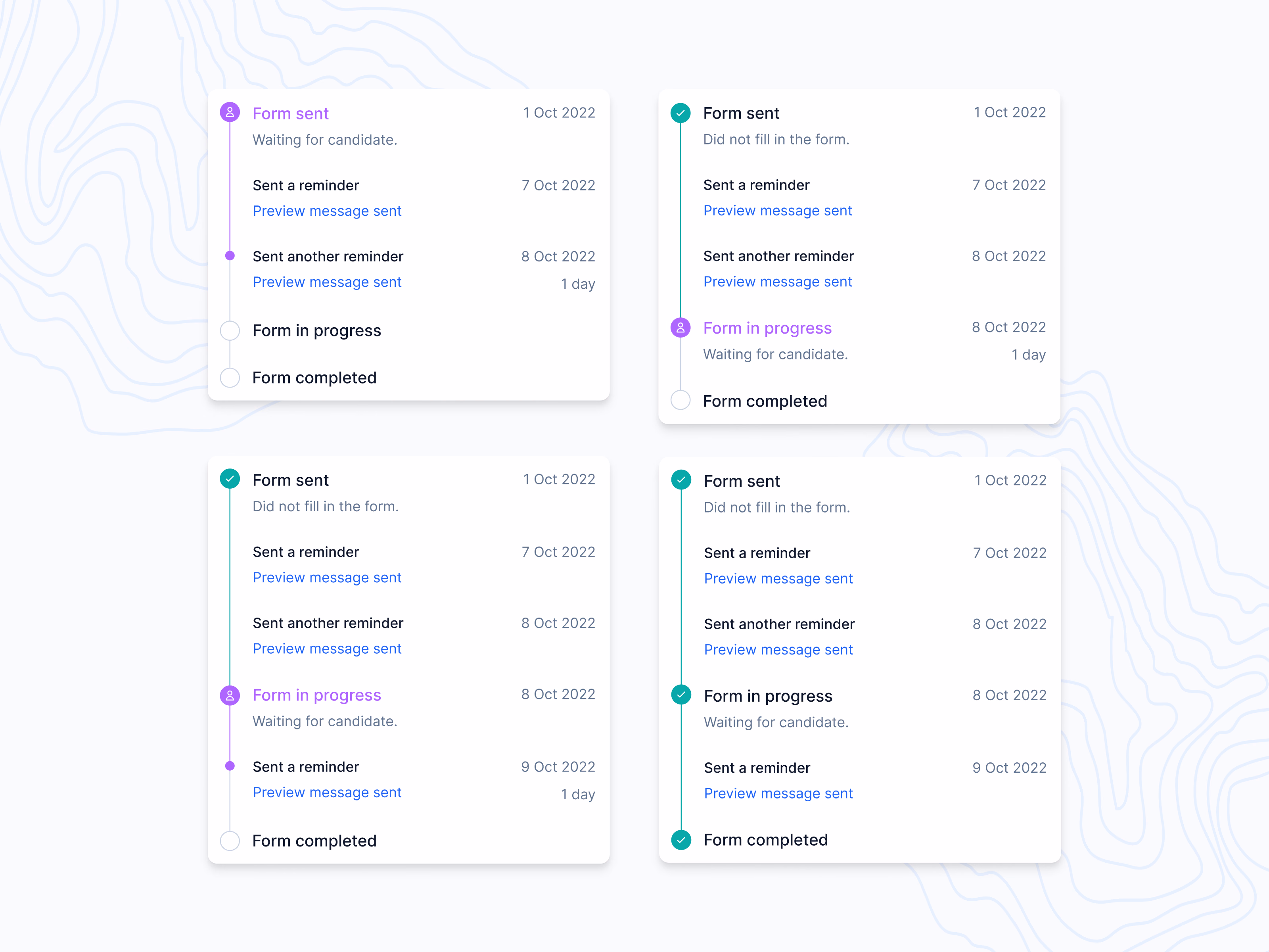Candidate form request status timeline in Teero