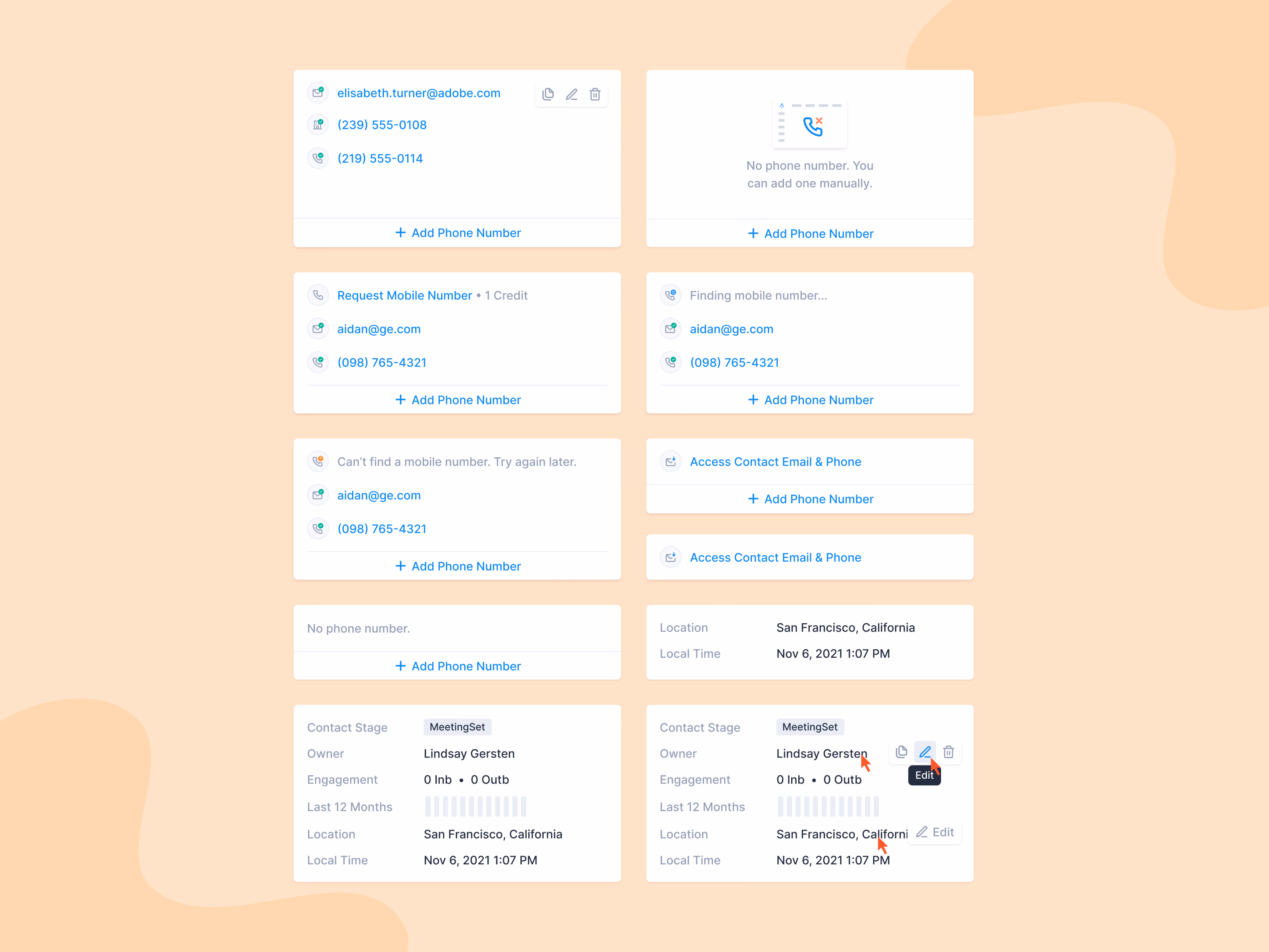 Contact detail card states for Apollo