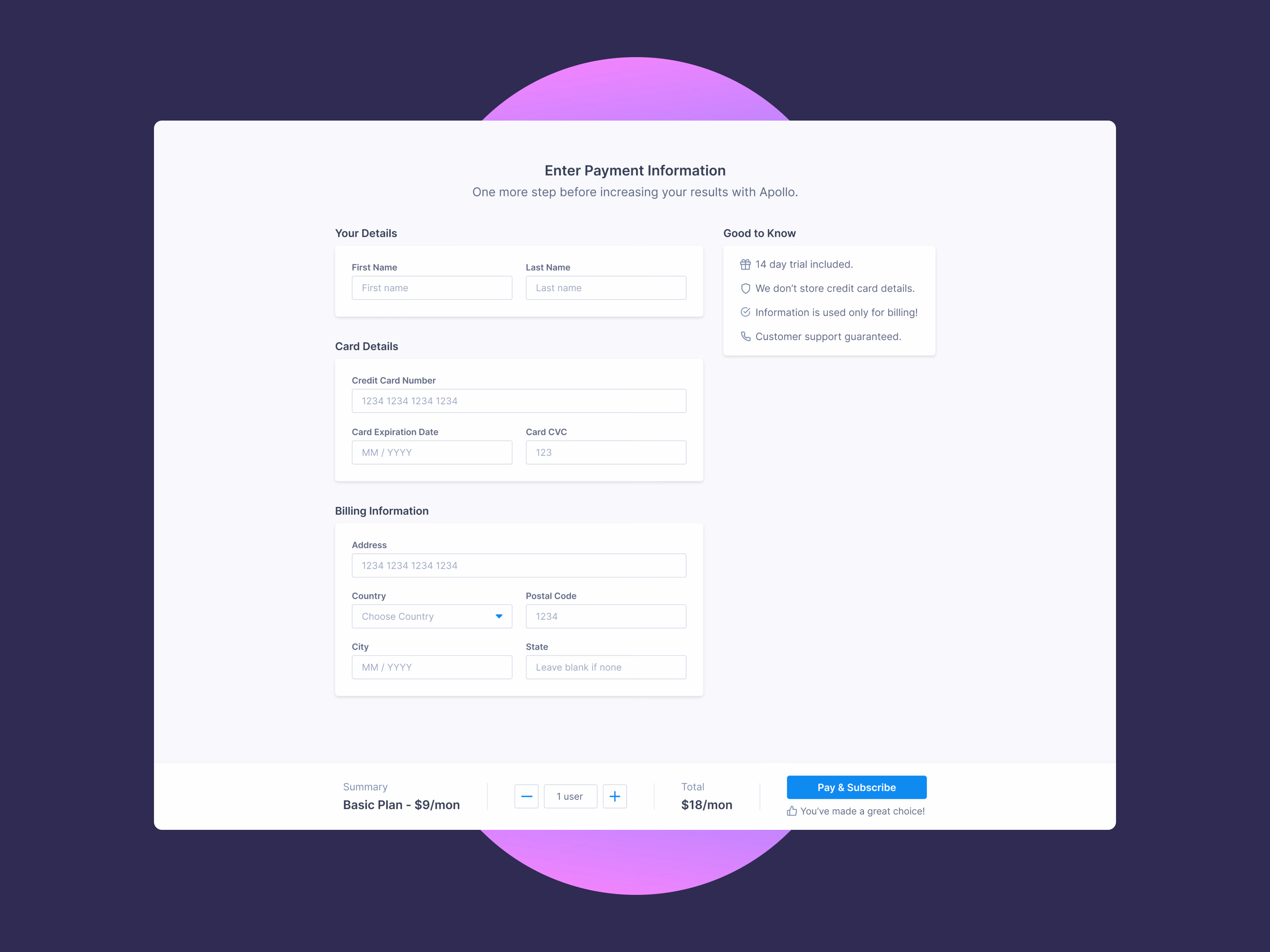 Subscription checkout page with microcopy for Apollo