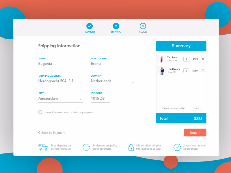 Three-step checkout flow study with order summary