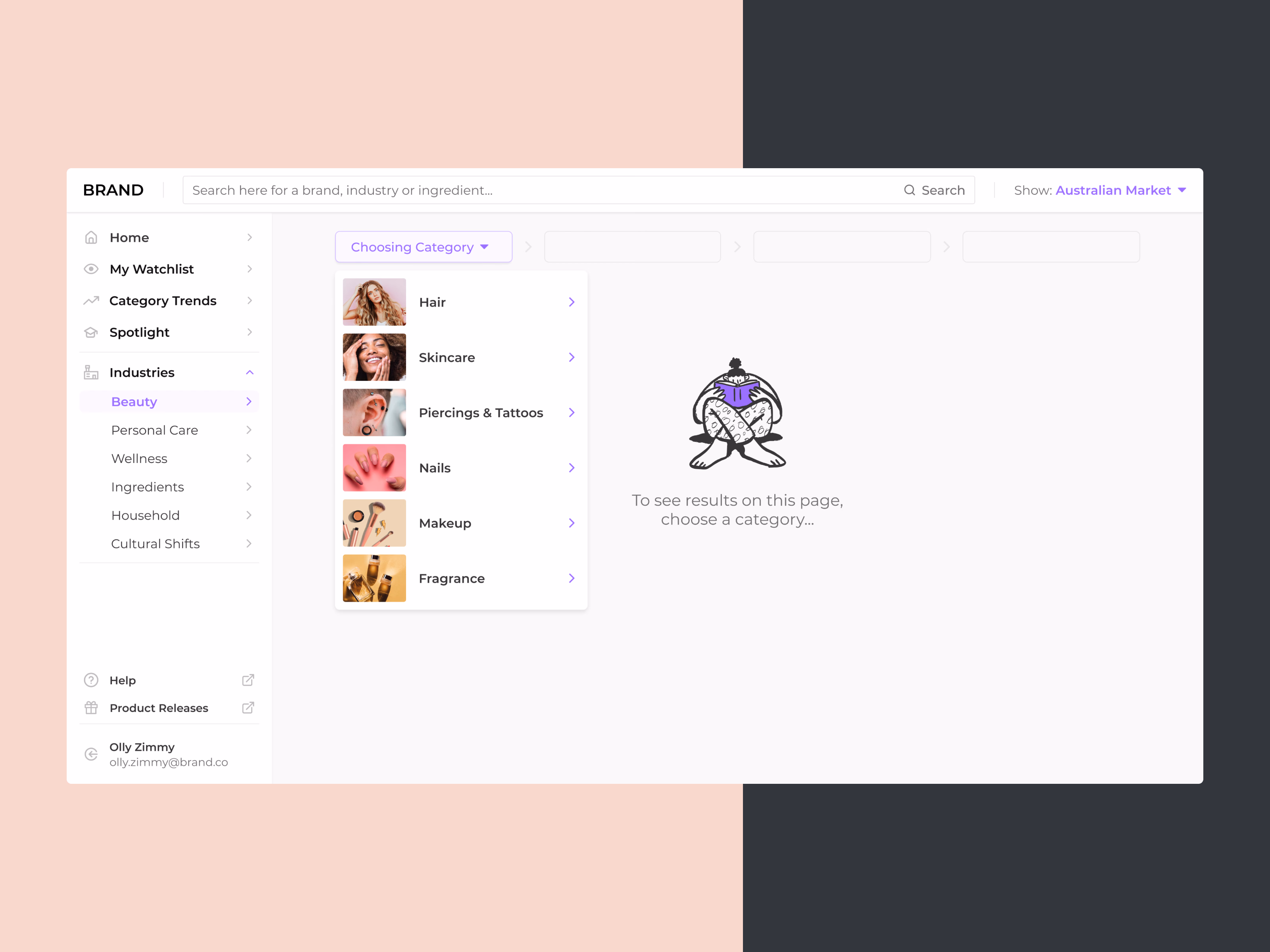 Industry view empty state with category picker in Spate