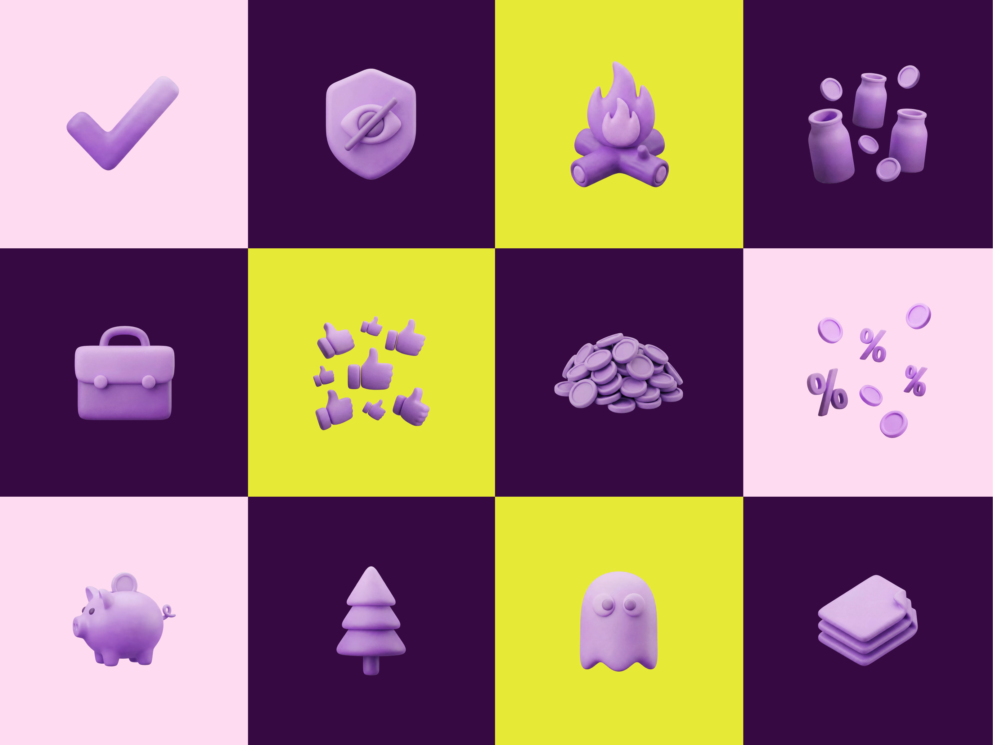 3D clay icon collection on colored tiles