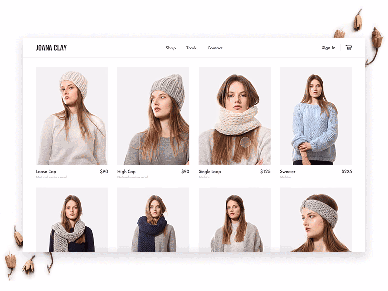 Joana Clay knitwear webshop grid animation